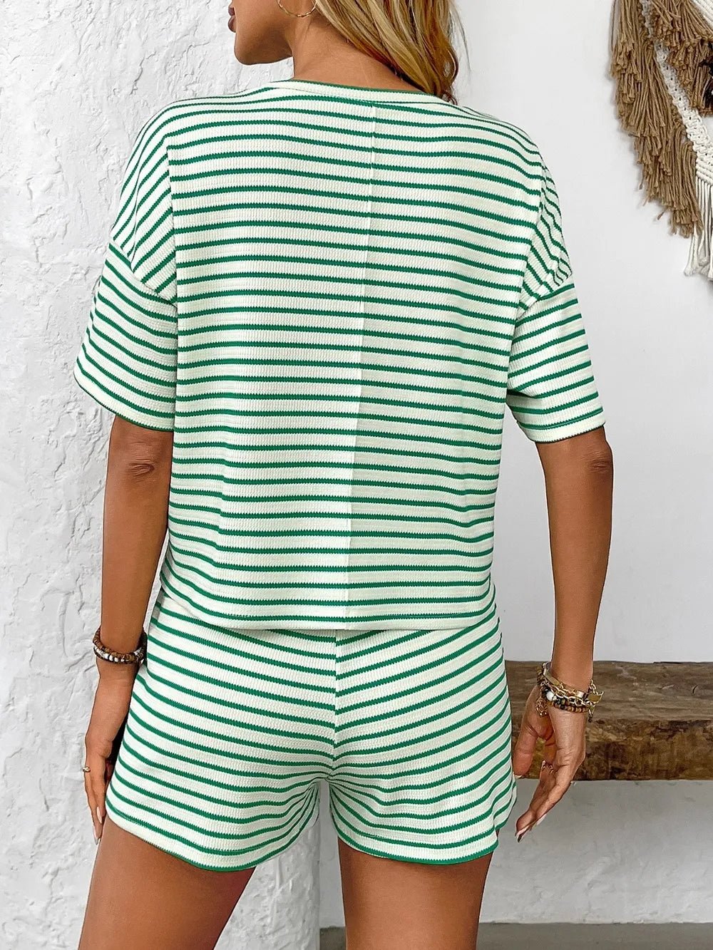 Striped Round Neck Short Sleeve Top and Shorts Set - Lookzlike