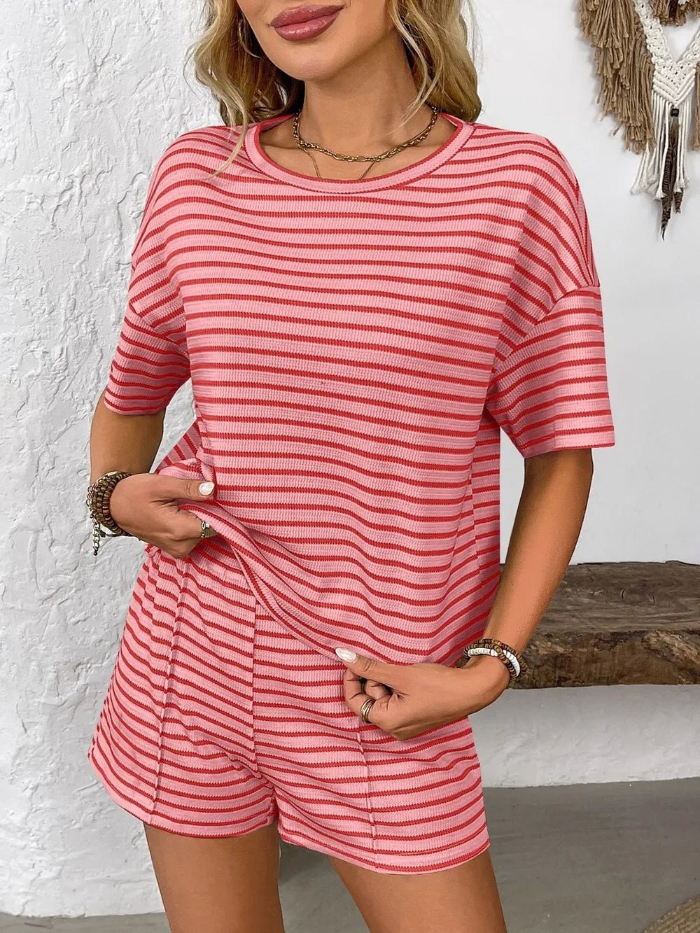 Striped Round Neck Short Sleeve Top and Shorts Set - Lookzlike