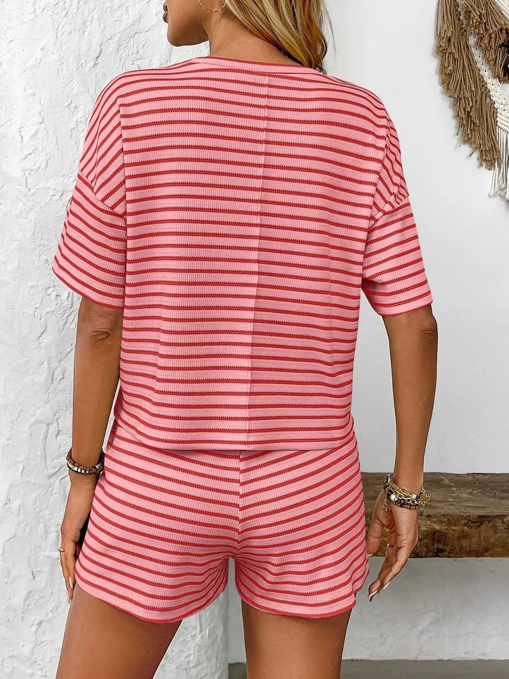 Striped Round Neck Short Sleeve Top and Shorts Set - Lookzlike