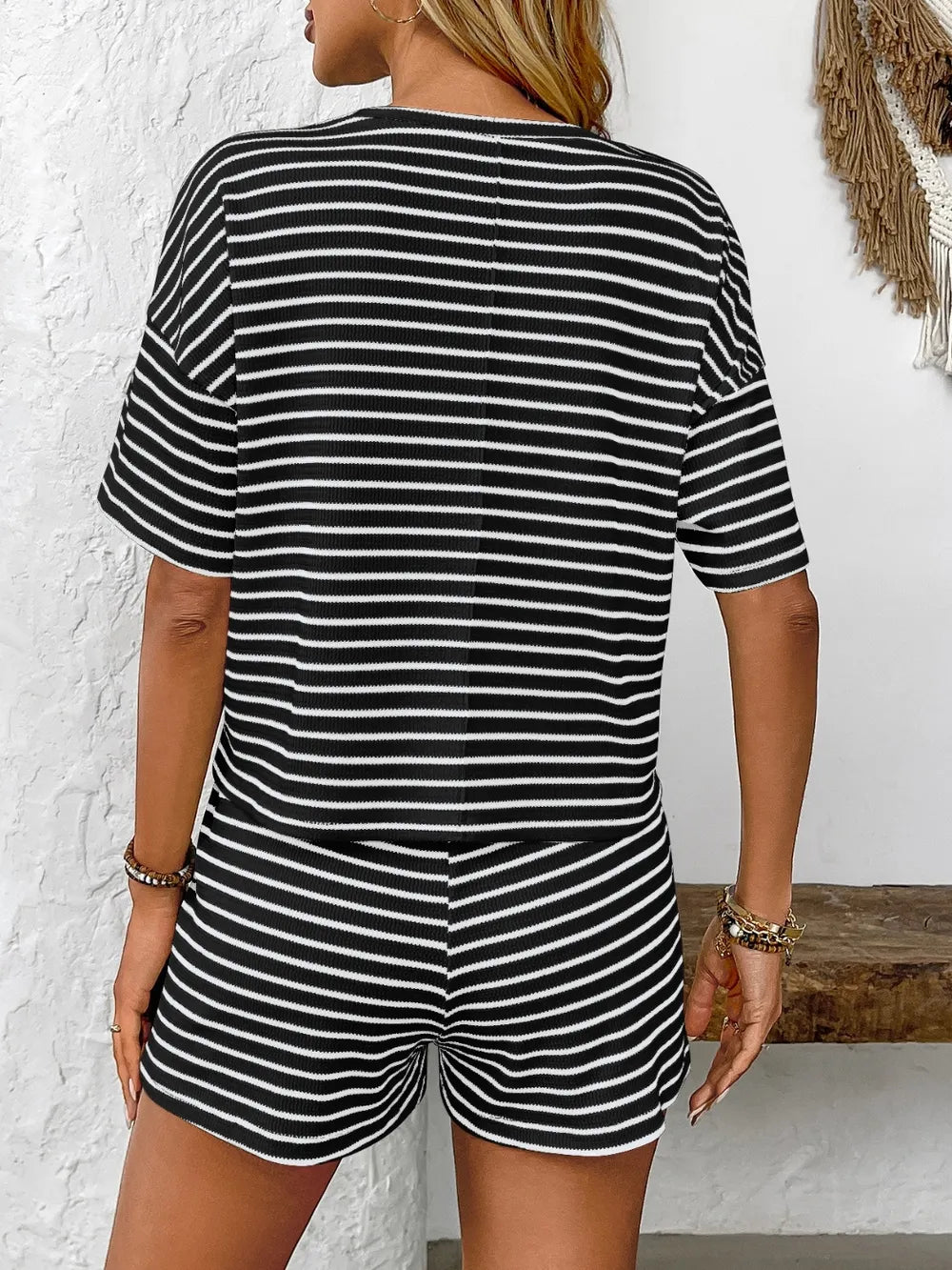 Striped Round Neck Short Sleeve Top and Shorts Set - Lookzlike