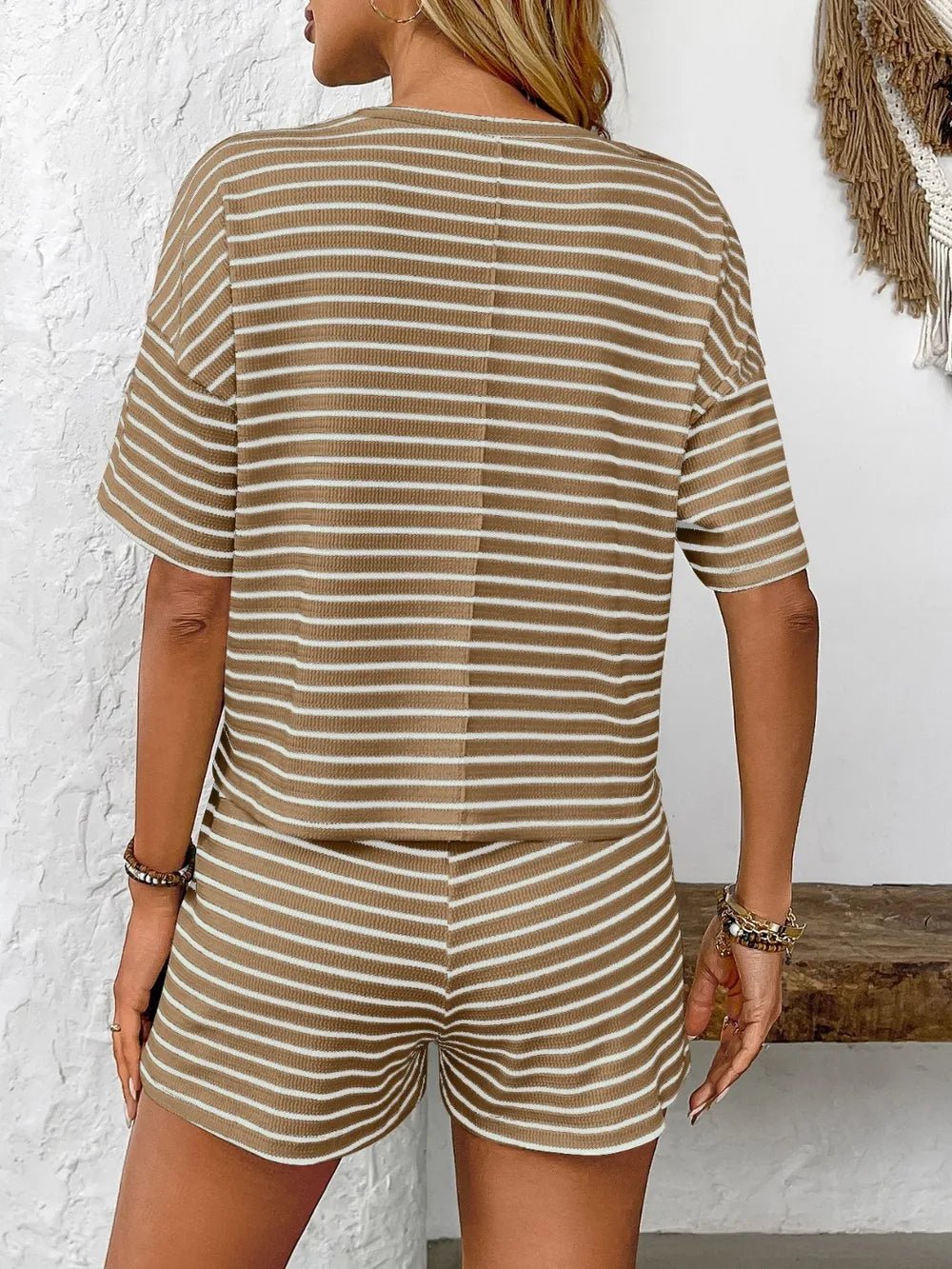 Striped Round Neck Short Sleeve Top and Shorts Set - Lookzlike