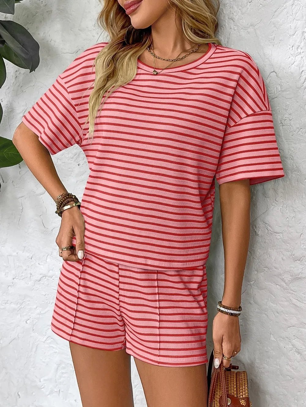 Striped Round Neck Short Sleeve Top and Shorts Set - Lookzlike