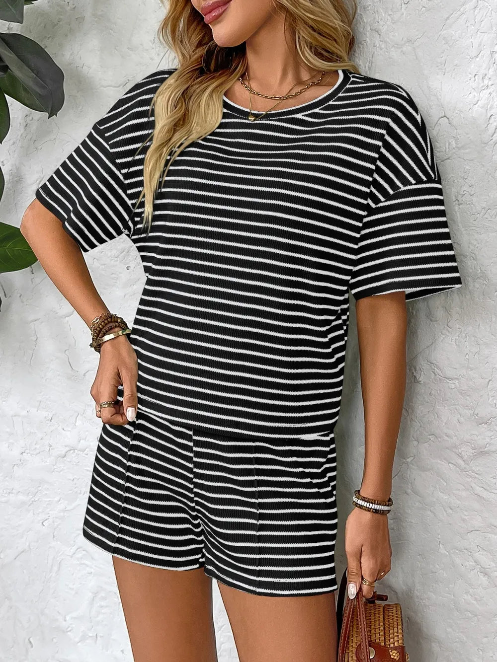 Striped Round Neck Short Sleeve Top and Shorts Set - Lookzlike