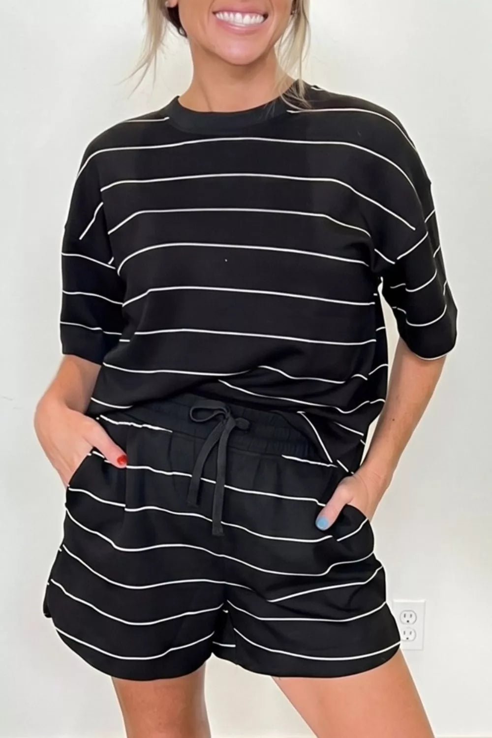 Striped Round Neck Top and Drawstring Shorts Set designed for comfort and style at Lookzlike