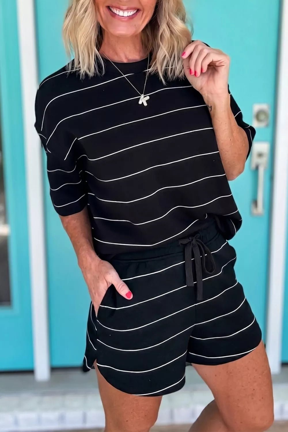 Striped Round Neck Top and Drawstring Shorts Set designed for comfort and style at Lookzlike