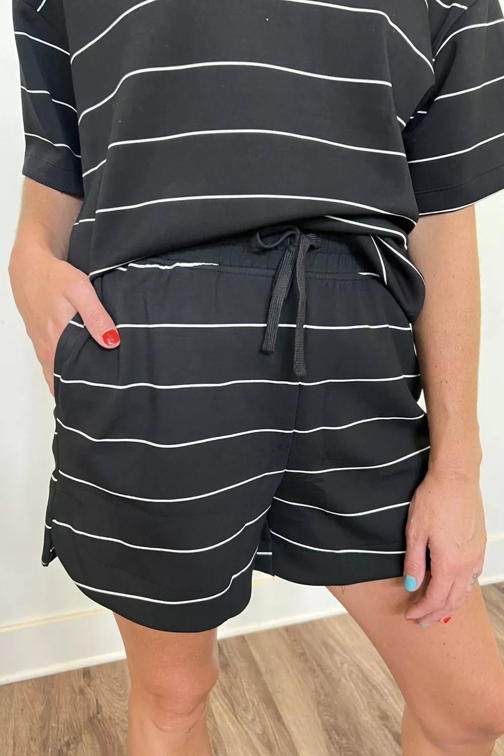 Striped Round Neck Top and Drawstring Shorts Set designed for comfort and style at Lookzlike