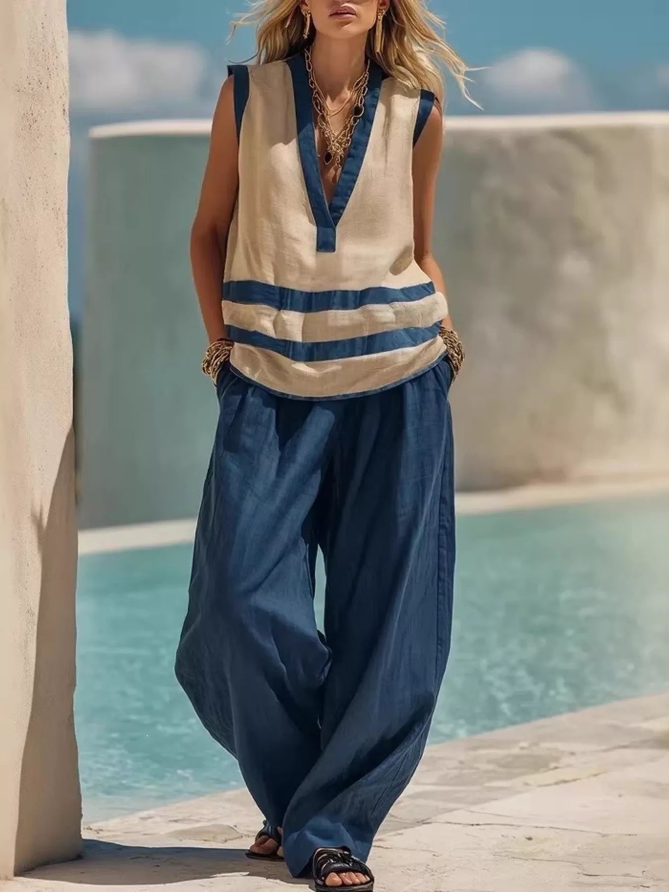 Striped Sleeveless Top and Wide-Leg Pants Set designed for comfort and style at Lookzlike