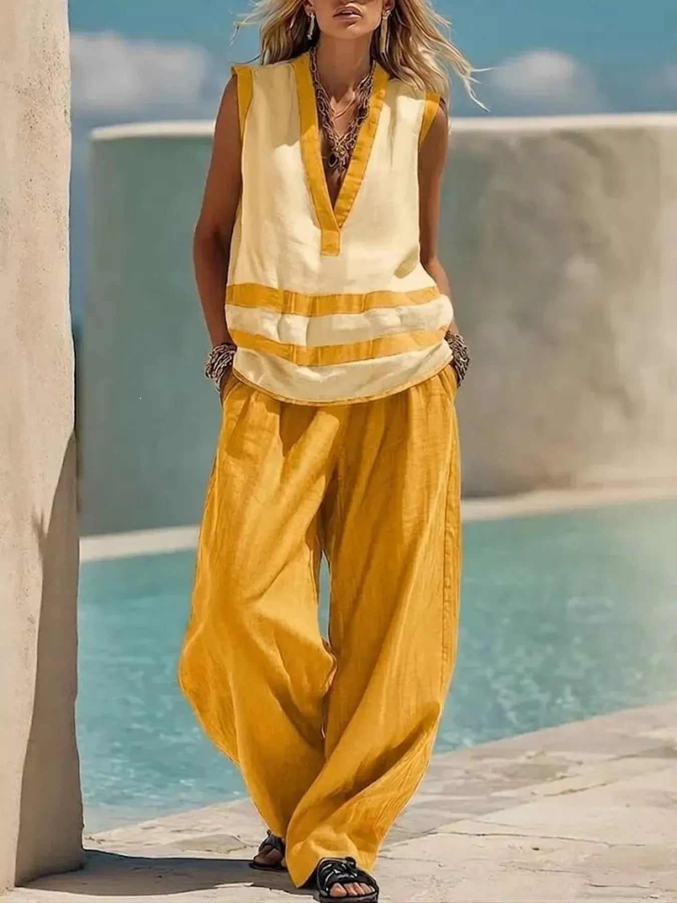 Striped Sleeveless Top and Wide-Leg Pants Set designed for comfort and style at Lookzlike