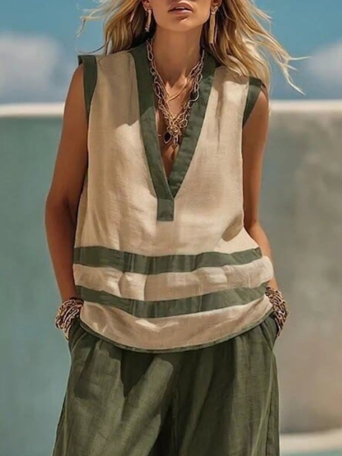 Striped Sleeveless Top and Wide-Leg Pants Set designed for comfort and style at Lookzlike