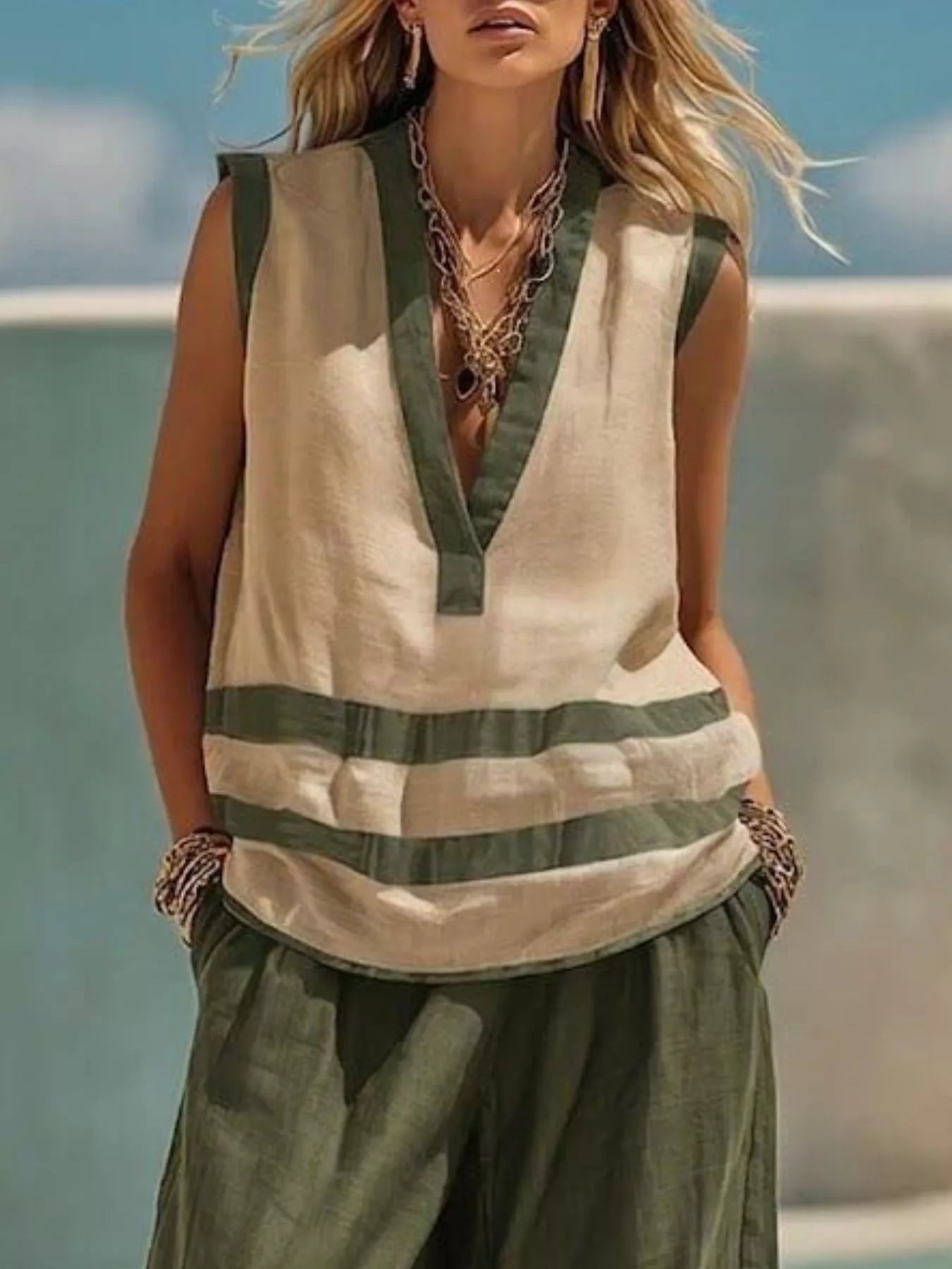 Striped Sleeveless Top and Wide-Leg Pants Set designed for comfort and style at Lookzlike