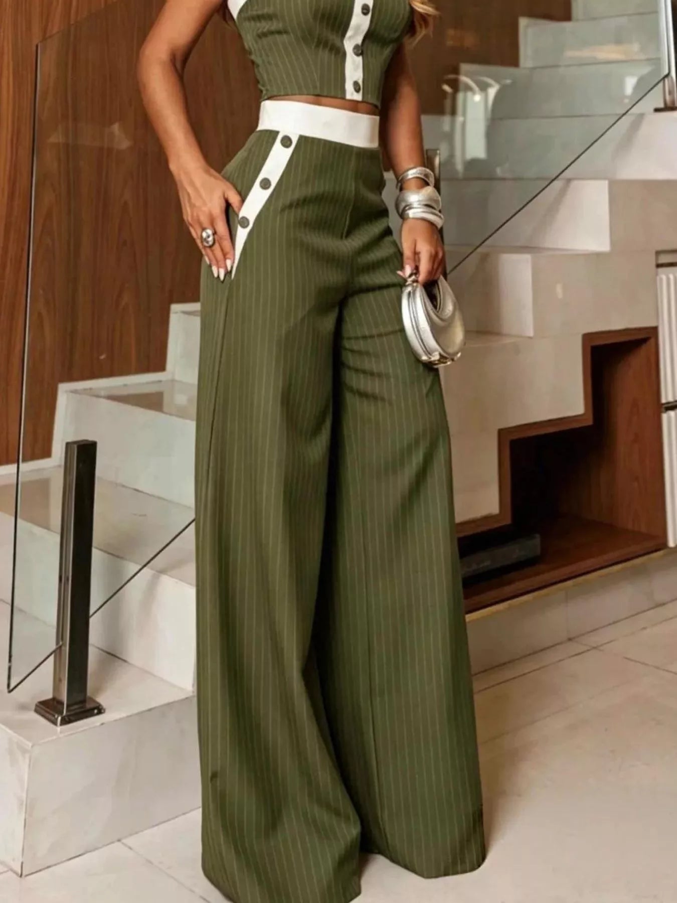 Striped Strapless Crop Top and Wide-Leg Pants Set designed for comfort and style at Lookzlike