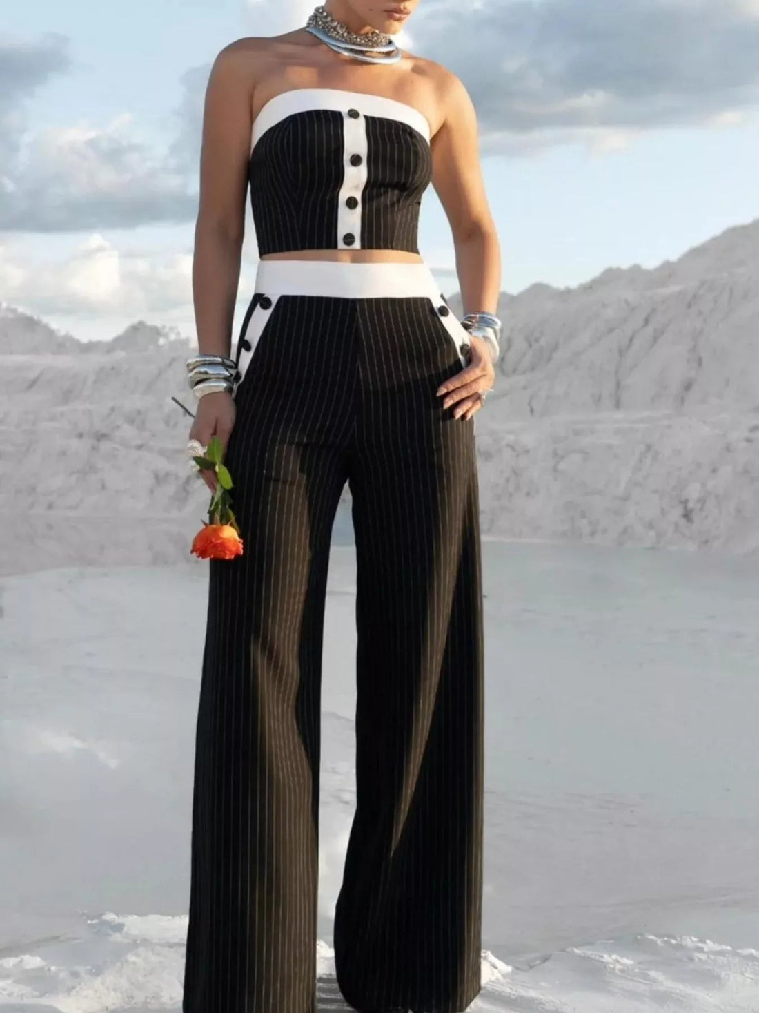 Striped Strapless Crop Top and Wide-Leg Pants Set designed for comfort and style at Lookzlike