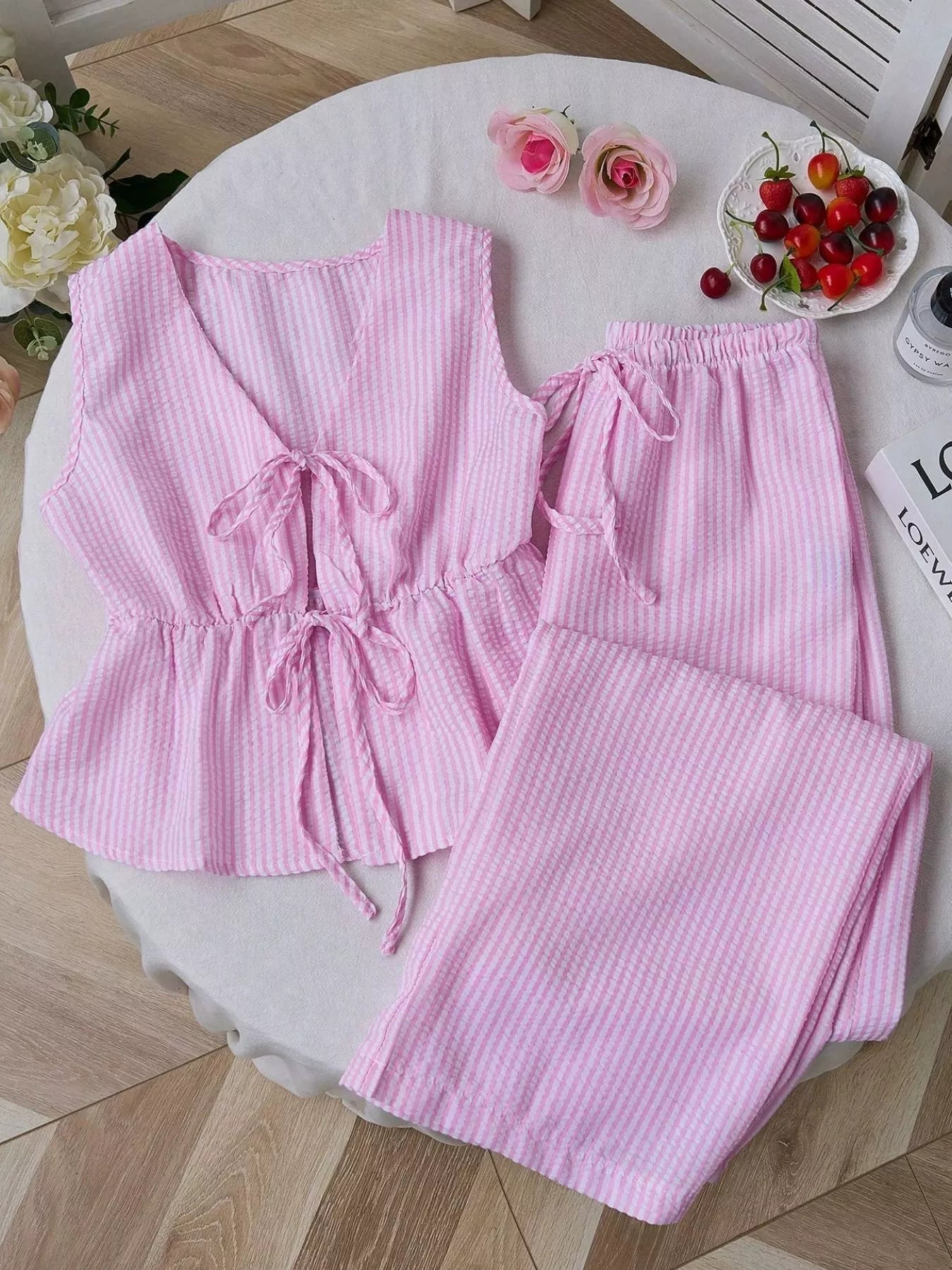 Striped Tie-Front Sleeveless Top and Pants Set designed for comfort and style at Lookzlike