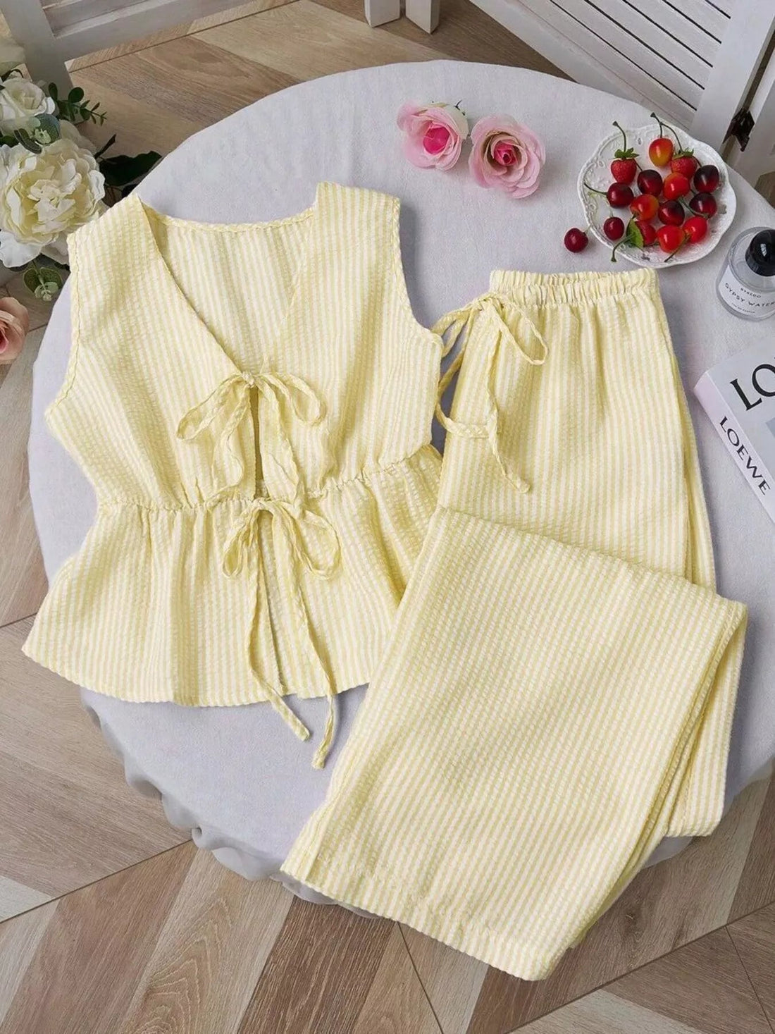 Striped Tie-Front Sleeveless Top and Pants Set designed for comfort and style at Lookzlike