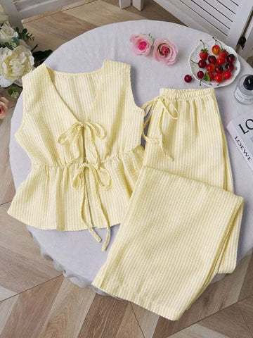 Striped Tie-Front Sleeveless Top and Pants Set designed for comfort and style at Lookzlike