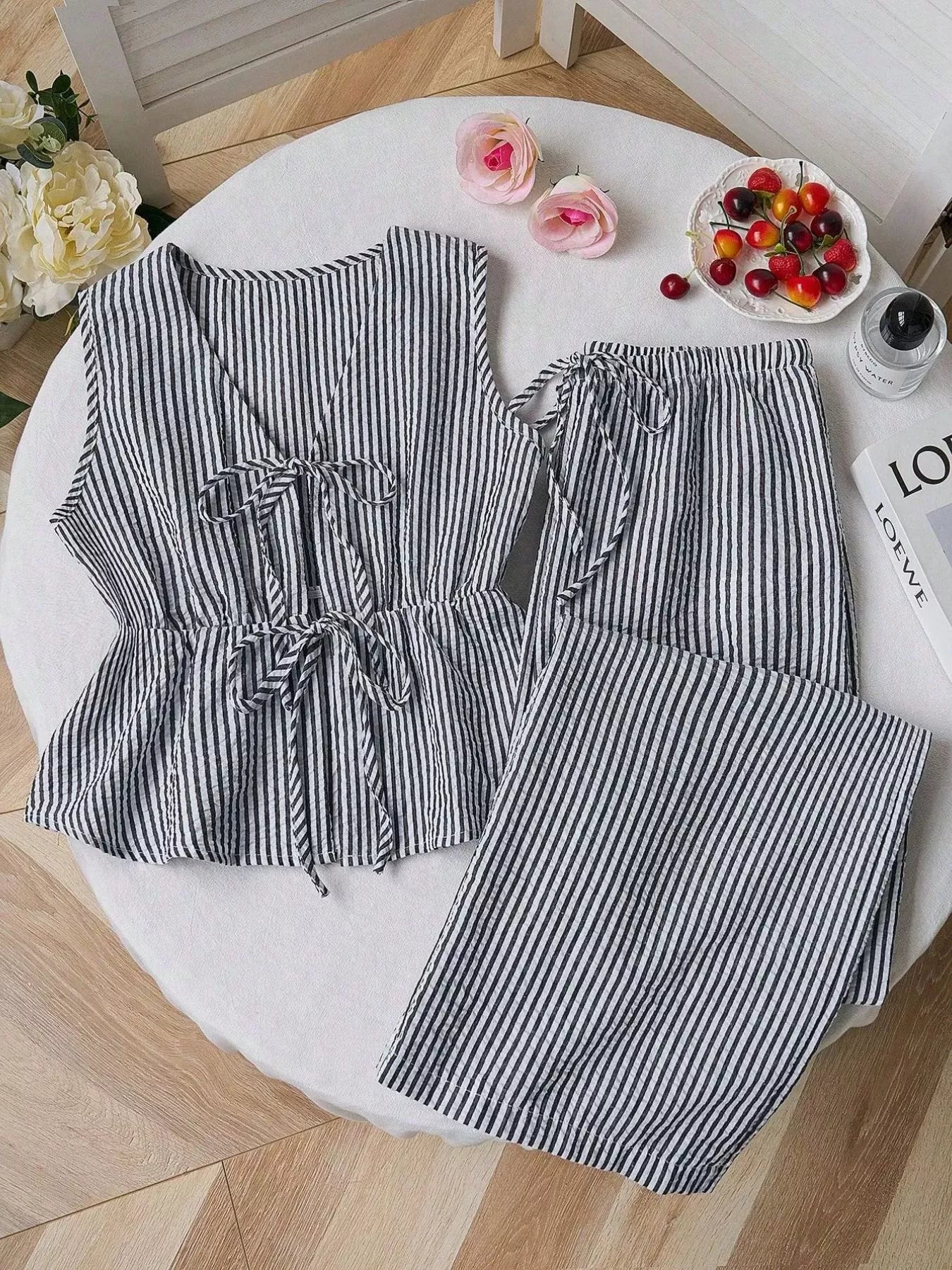 Striped Tie-Front Sleeveless Top and Pants Set designed for comfort and style at Lookzlike