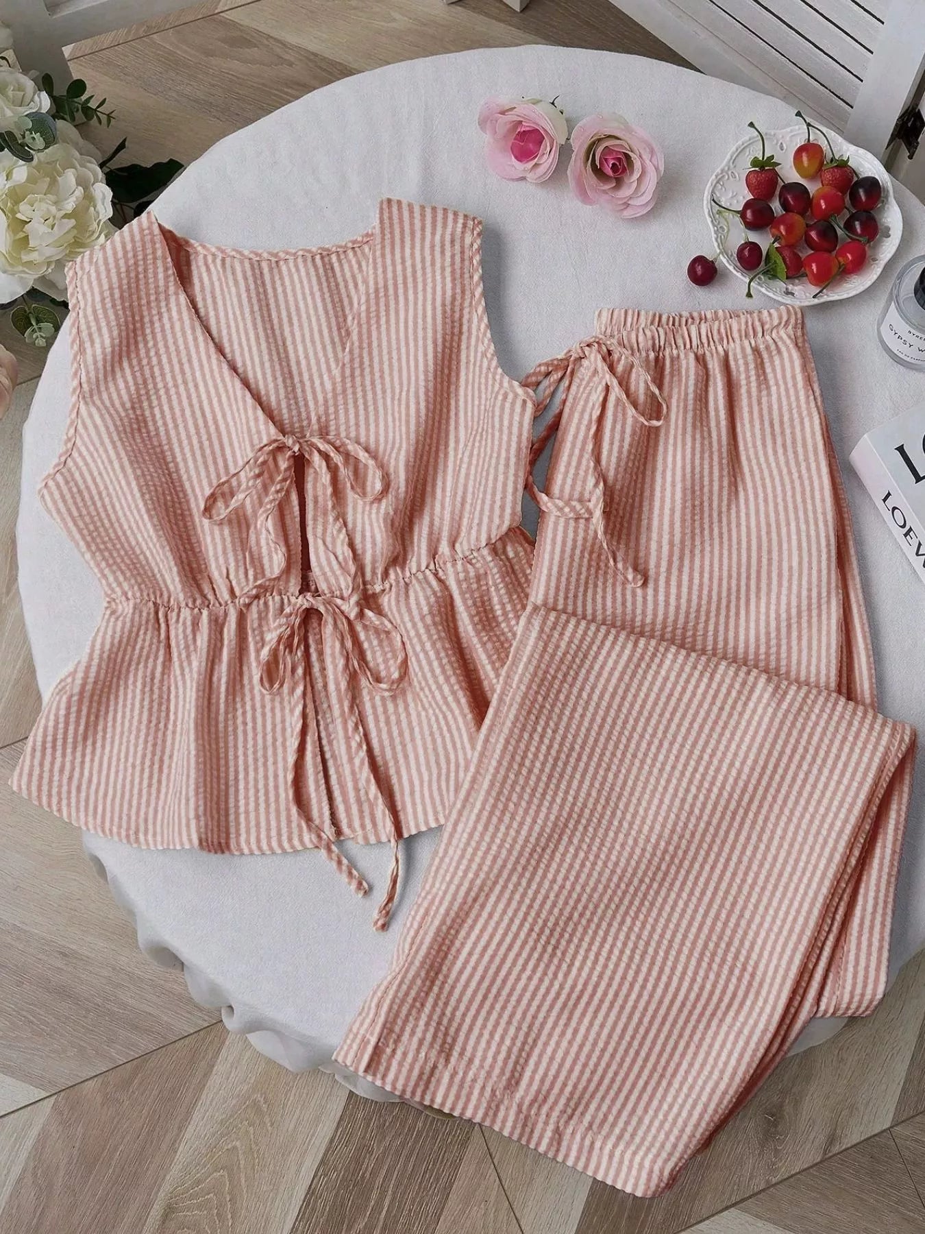 Striped Tie-Front Sleeveless Top and Pants Set designed for comfort and style at Lookzlike
