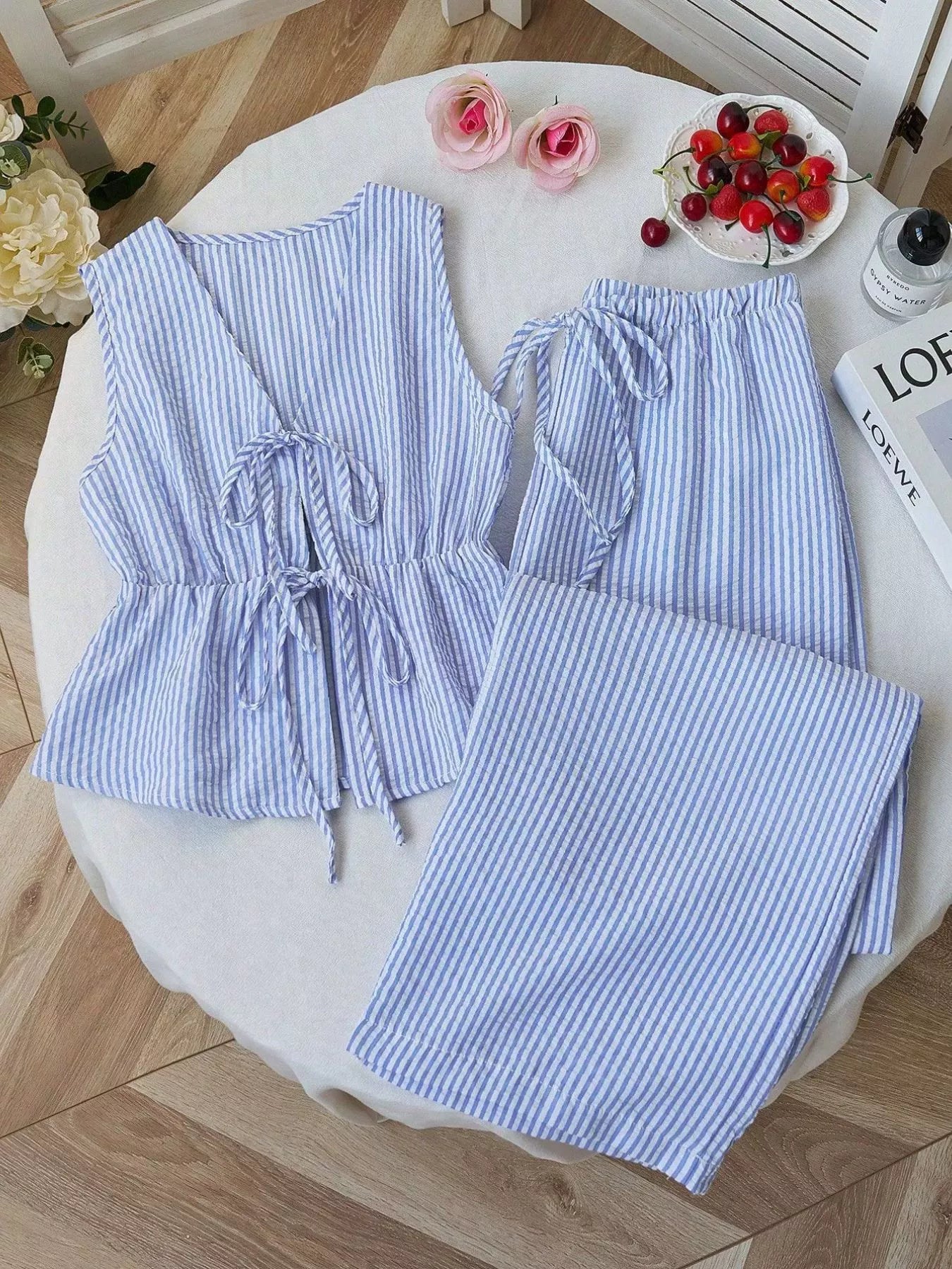 Striped Tie-Front Sleeveless Top and Pants Set designed for comfort and style at Lookzlike