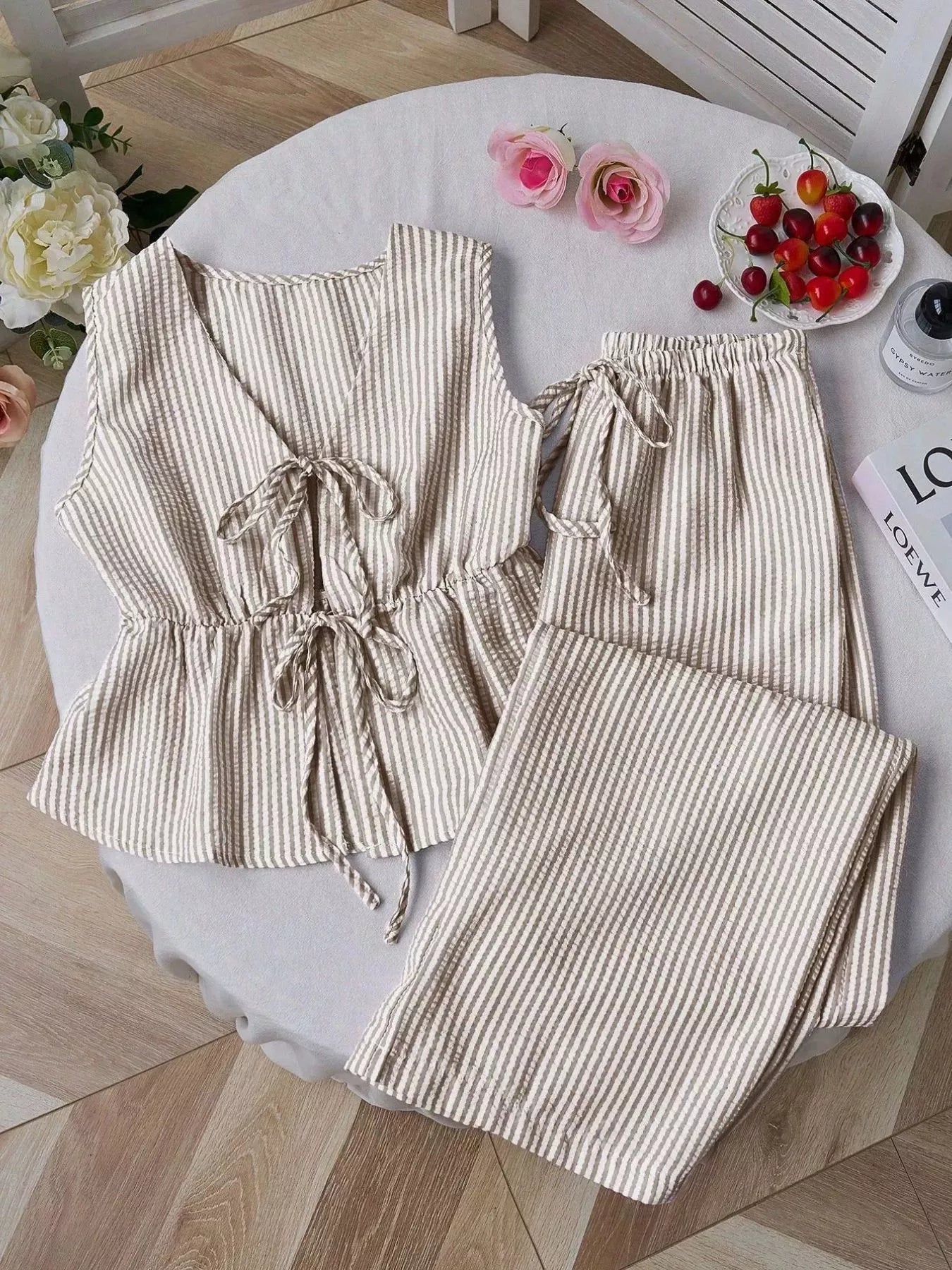 Striped Tie-Front Sleeveless Top and Pants Set designed for comfort and style at Lookzlike