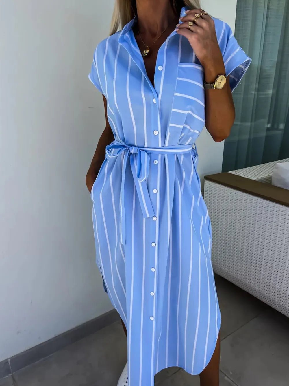 Striped Tie Waist Short Sleeve Dress - Lookzlike