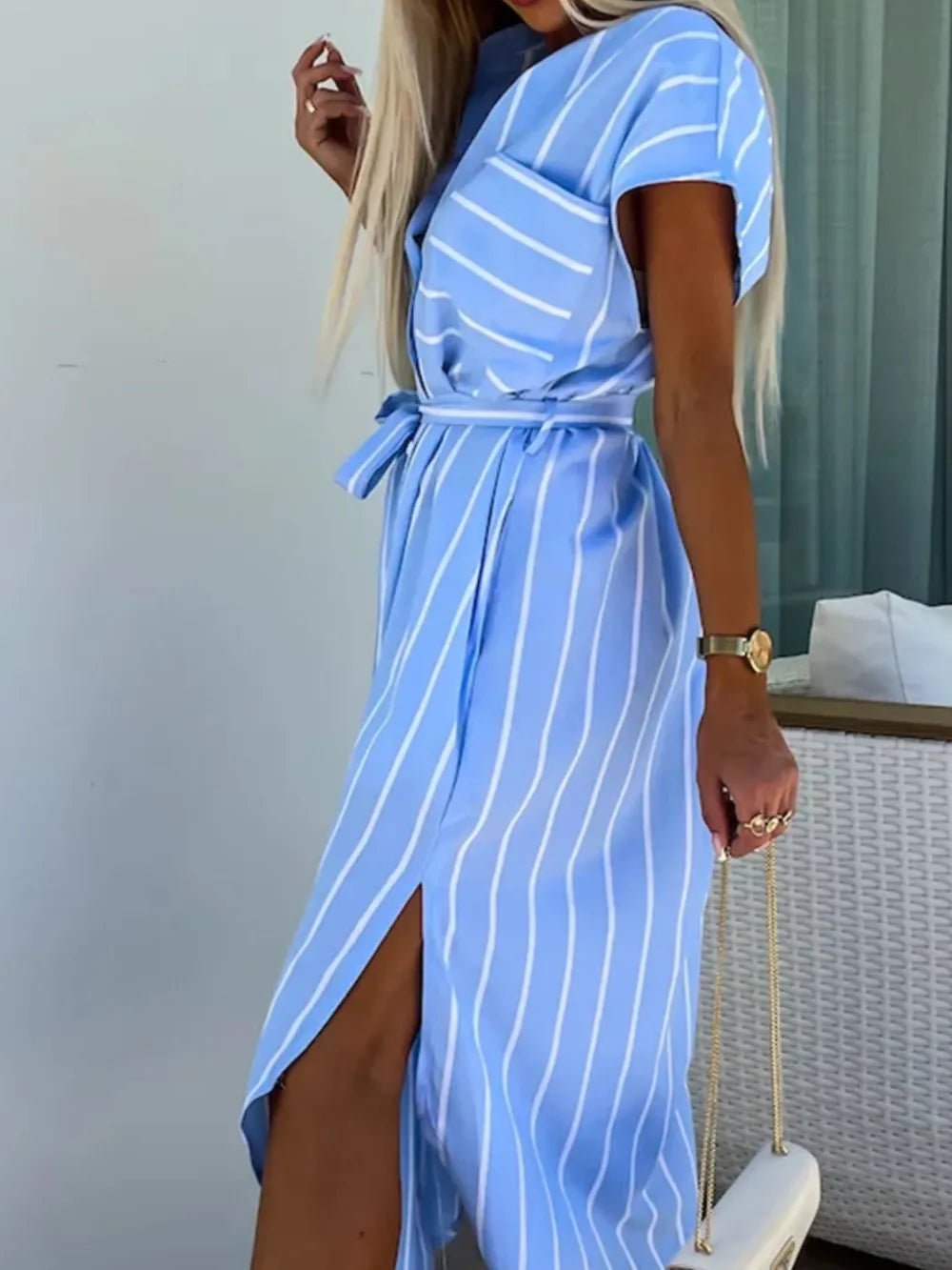 Striped Tie Waist Short Sleeve Dress - Lookzlike