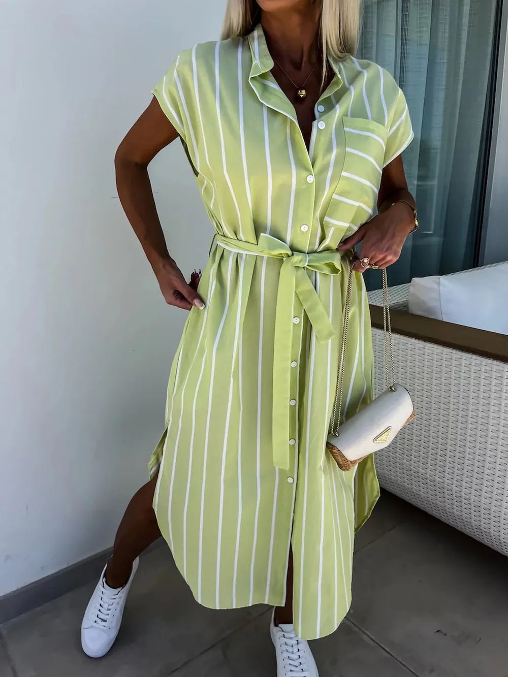 Striped Tie Waist Short Sleeve Dress - Lookzlike