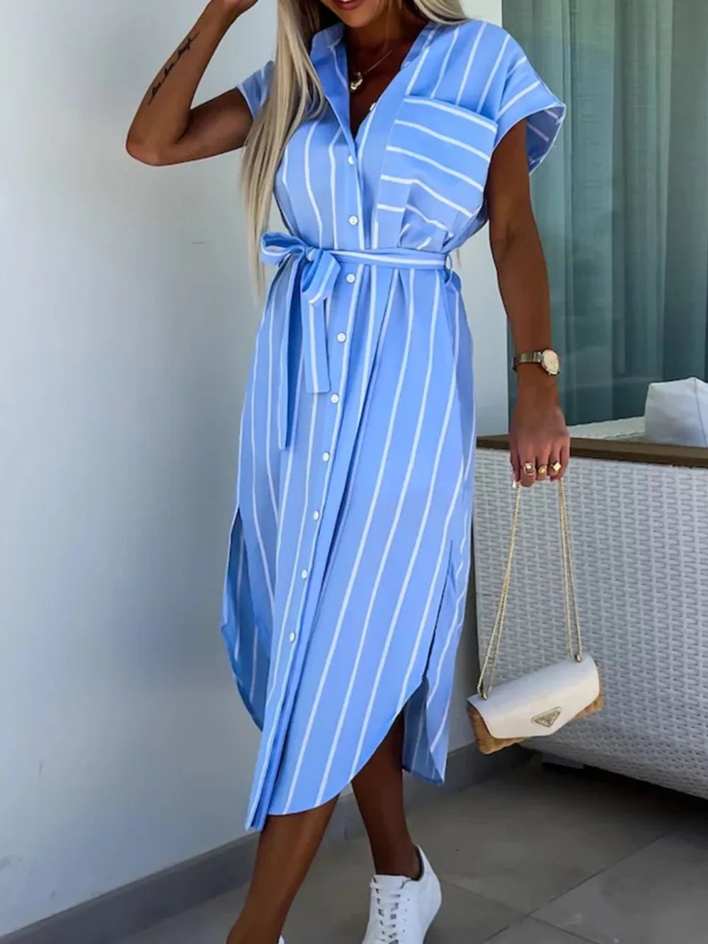 Striped Tie Waist Short Sleeve Dress - Lookzlike