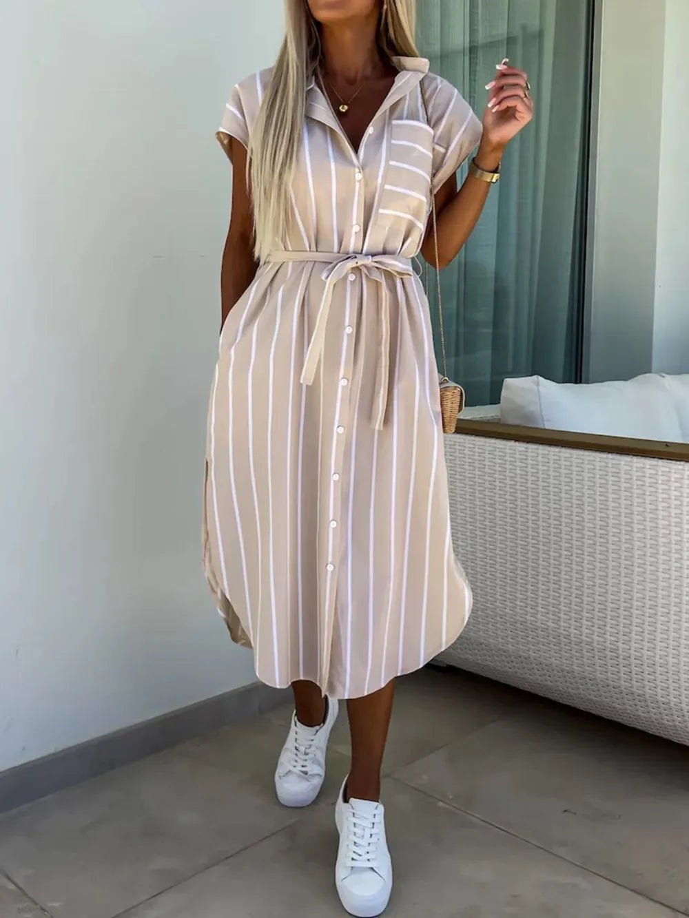 Striped Tie Waist Short Sleeve Dress - Lookzlike