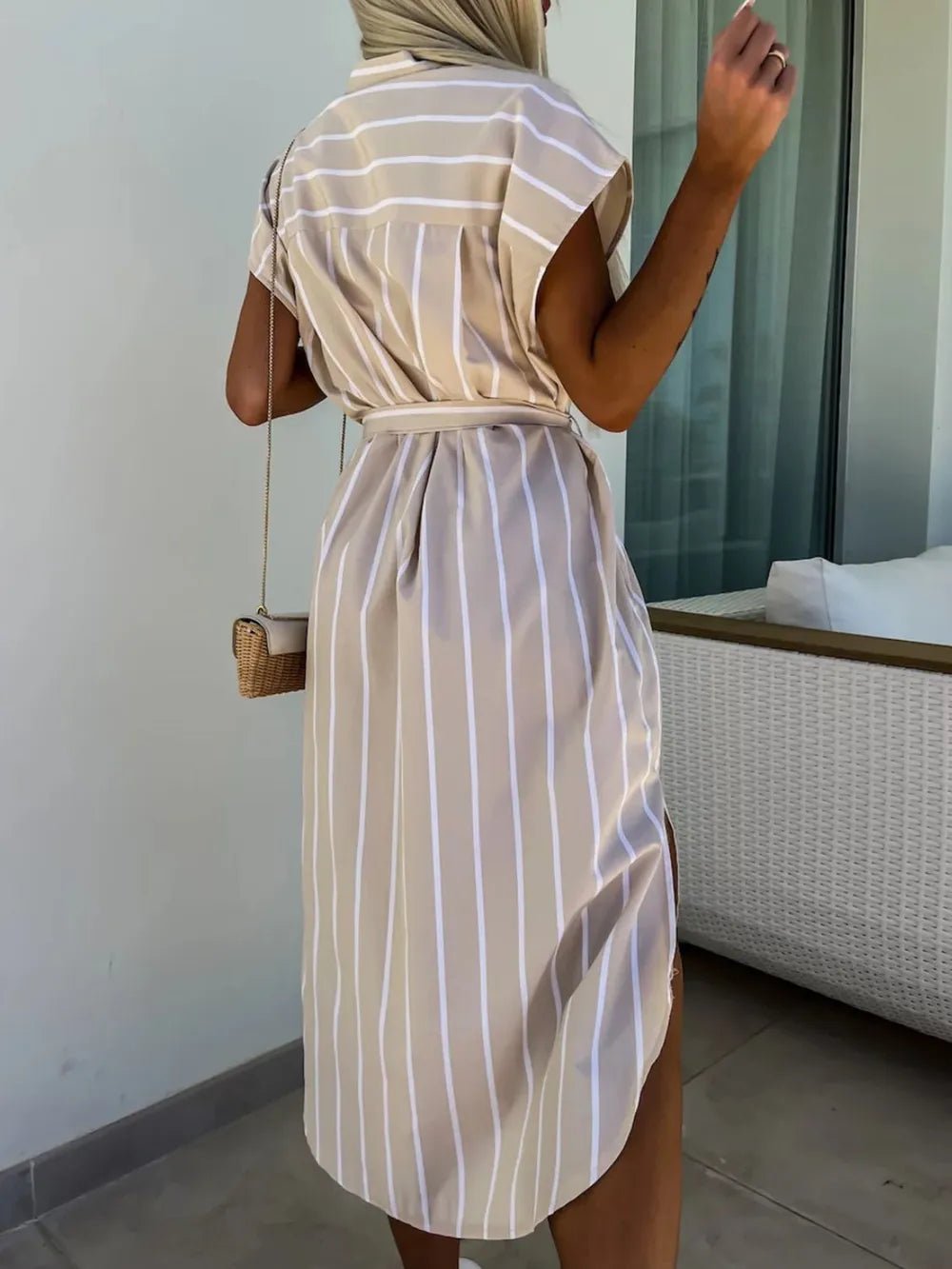 Striped Tie Waist Short Sleeve Dress - Lookzlike