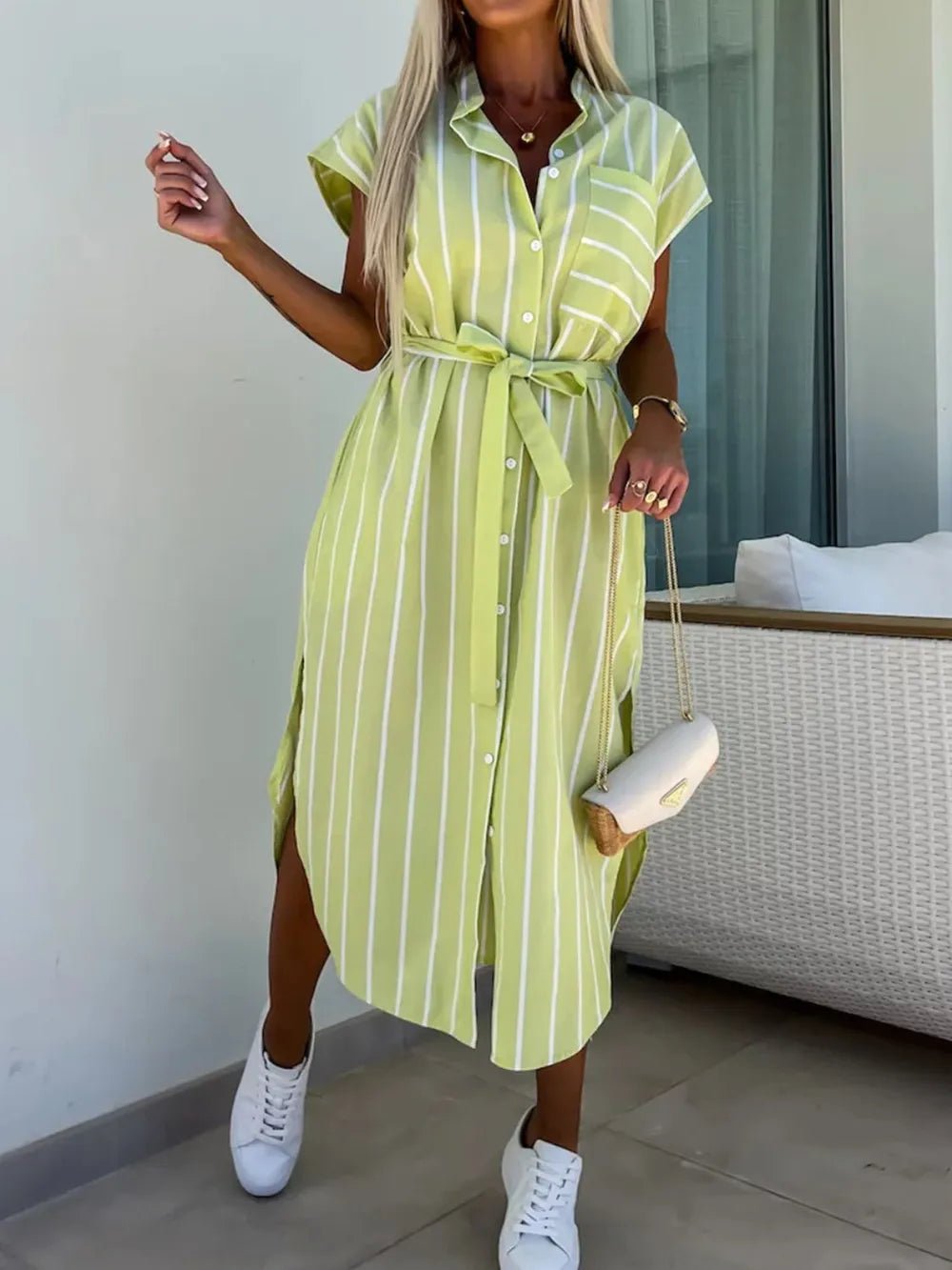 Striped Tie Waist Short Sleeve Dress - Lookzlike
