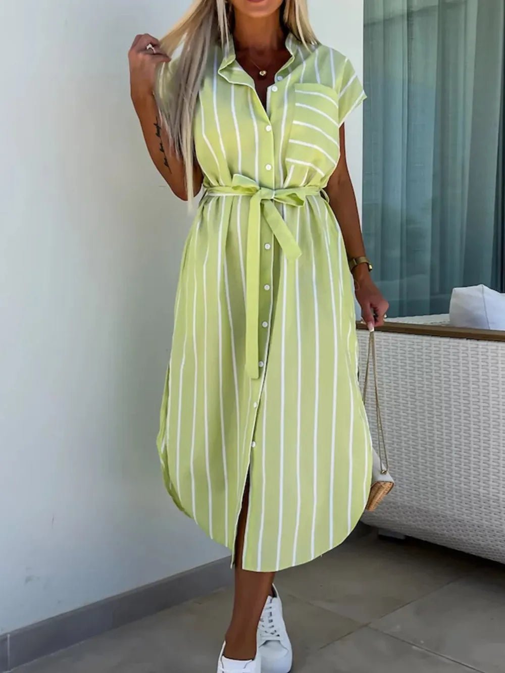 Striped Tie Waist Short Sleeve Dress - Lookzlike
