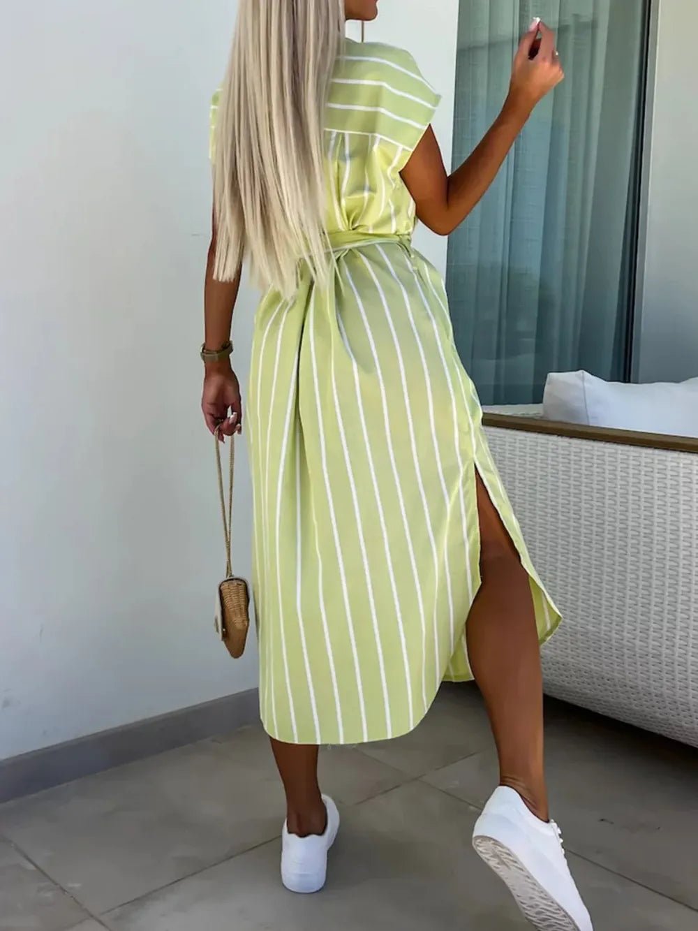 Striped Tie Waist Short Sleeve Dress - Lookzlike