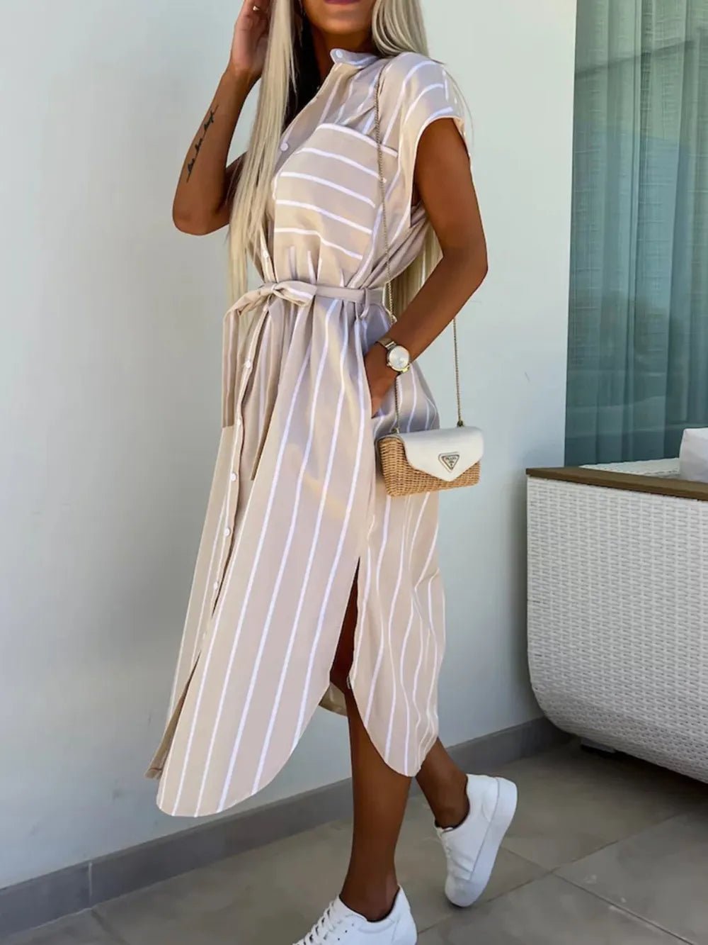 Striped Tie Waist Short Sleeve Dress - Lookzlike