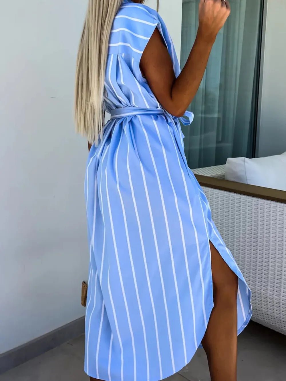 Striped Tie Waist Short Sleeve Dress - Lookzlike