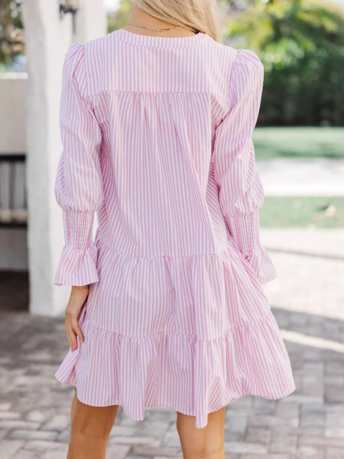 Striped Tiered Flounce Sleeve Shirt Dress - Lookzlike