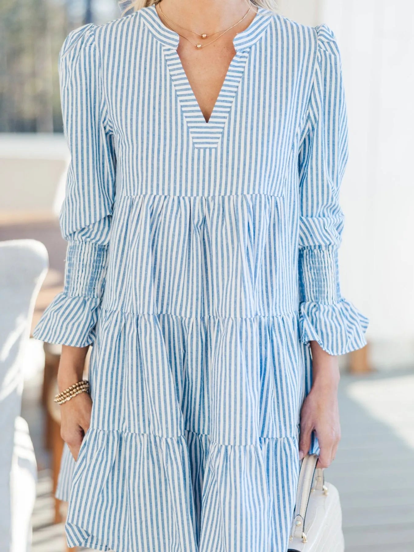 Striped Tiered Flounce Sleeve Shirt Dress - Lookzlike