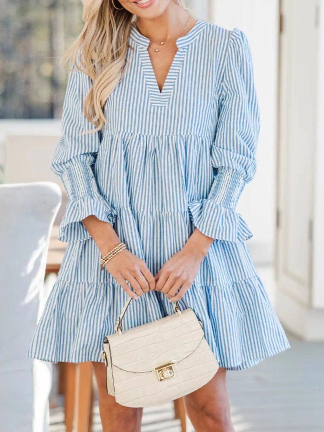 Striped Tiered Flounce Sleeve Shirt Dress - Lookzlike