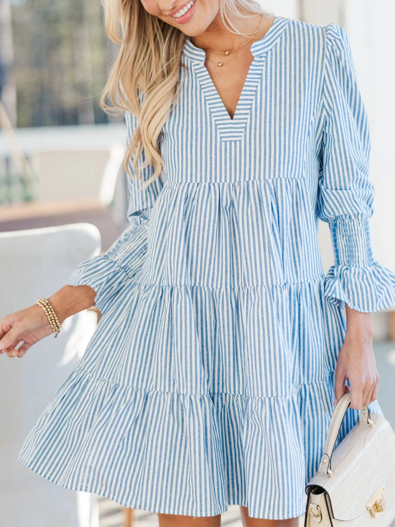 Striped Tiered Flounce Sleeve Shirt Dress - Lookzlike