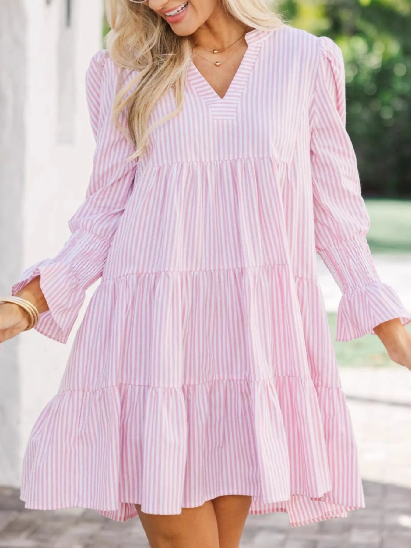 Striped Tiered Flounce Sleeve Shirt Dress - Lookzlike