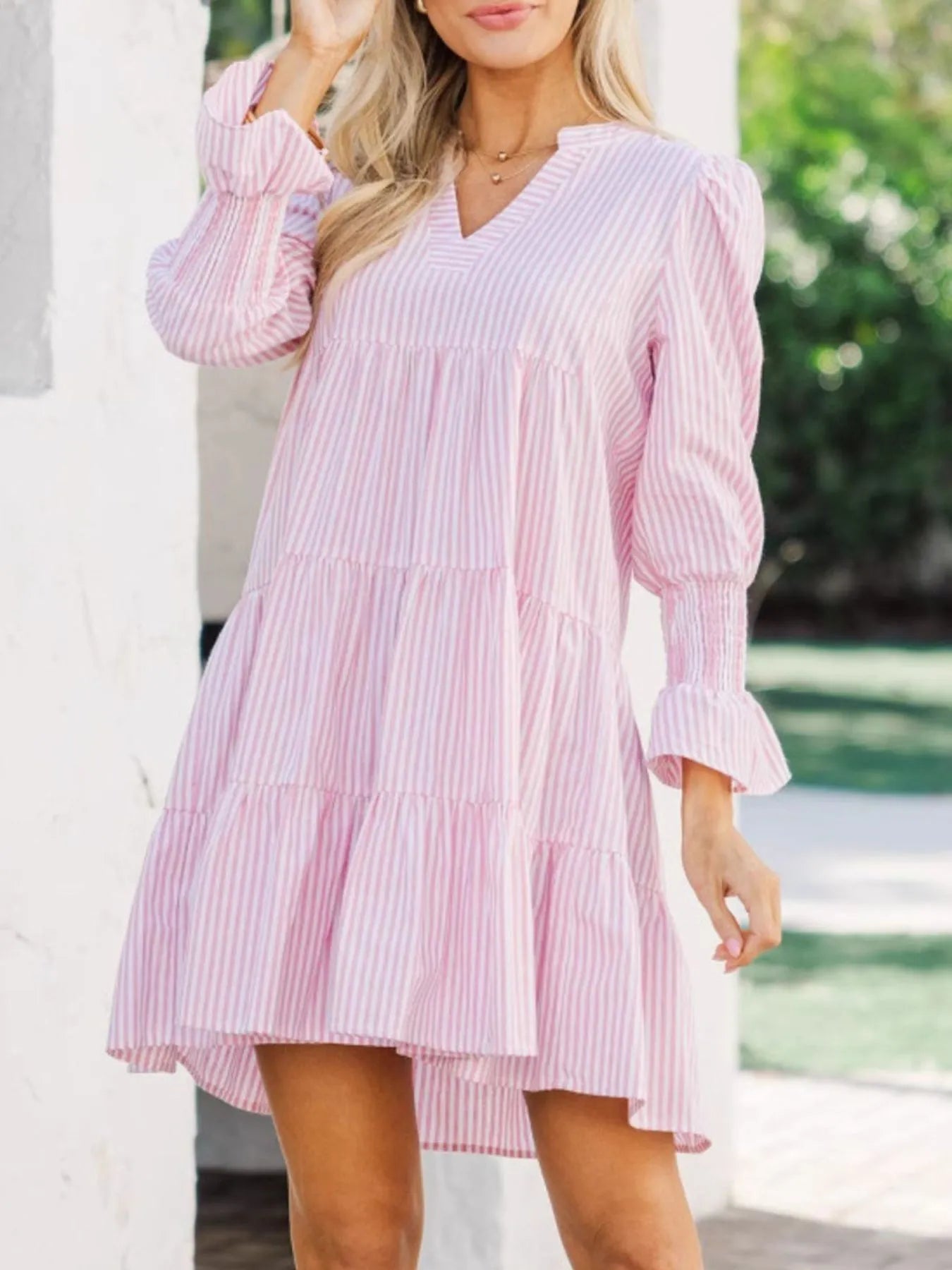 Striped Tiered Flounce Sleeve Shirt Dress - Lookzlike