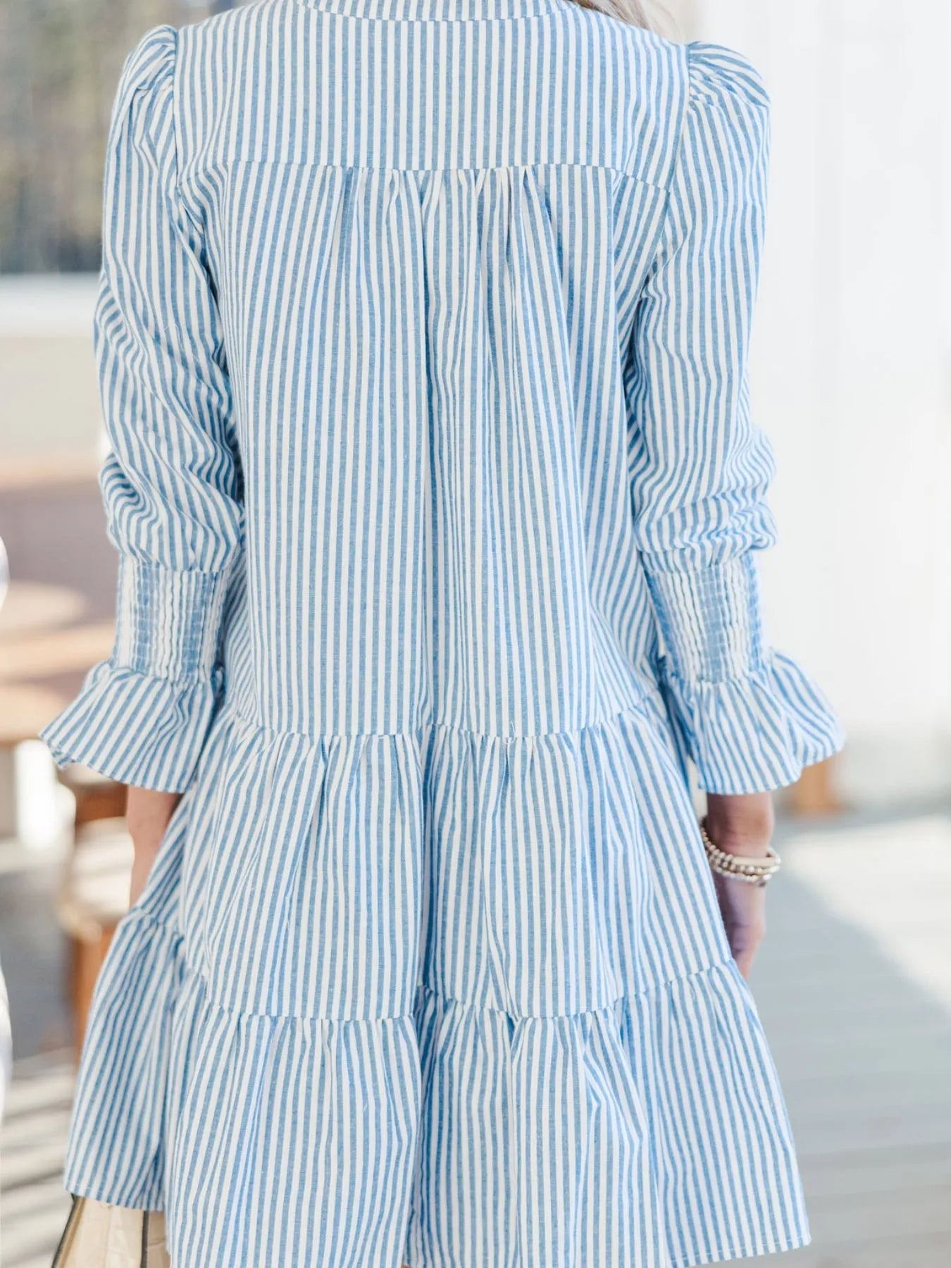 Striped Tiered Flounce Sleeve Shirt Dress - Lookzlike
