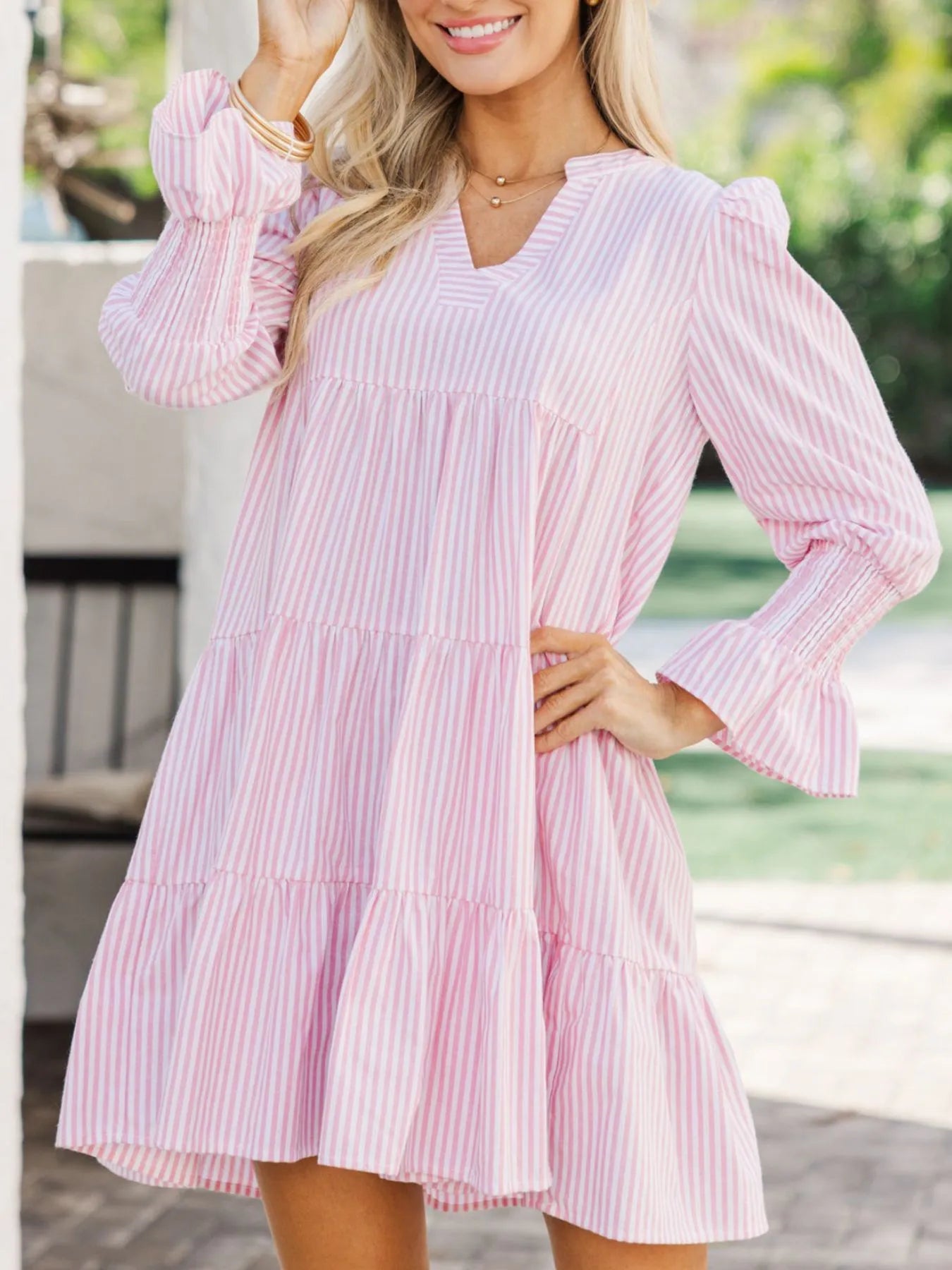 Striped Tiered Flounce Sleeve Shirt Dress - Lookzlike