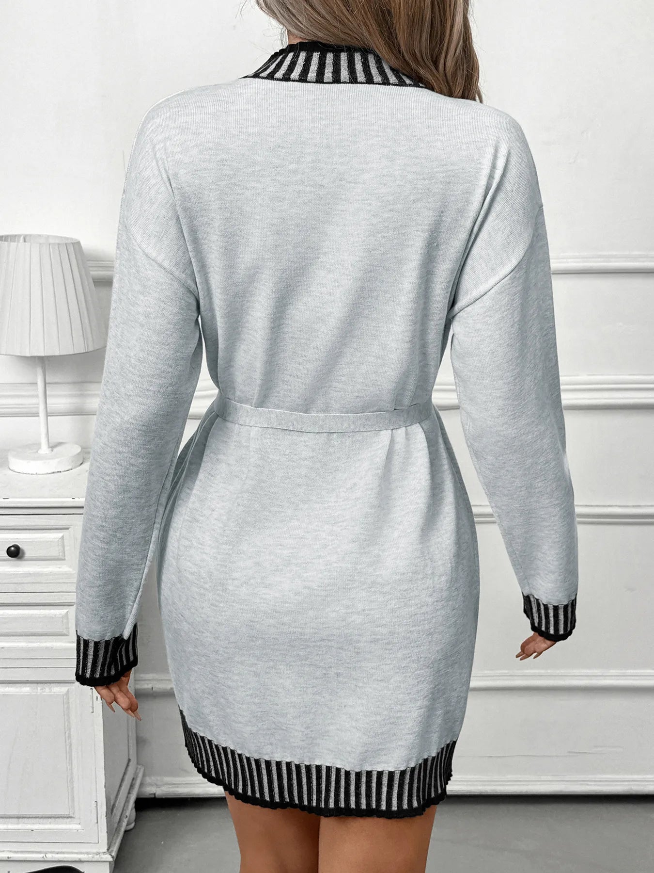 Striped Trim Tie Waist Sweater Dress designed for comfort and style at Lookzlike