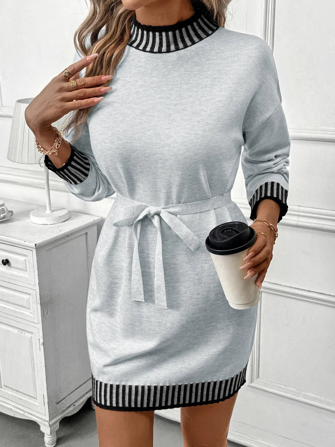 Striped Trim Tie Waist Sweater Dress designed for comfort and style at Lookzlike