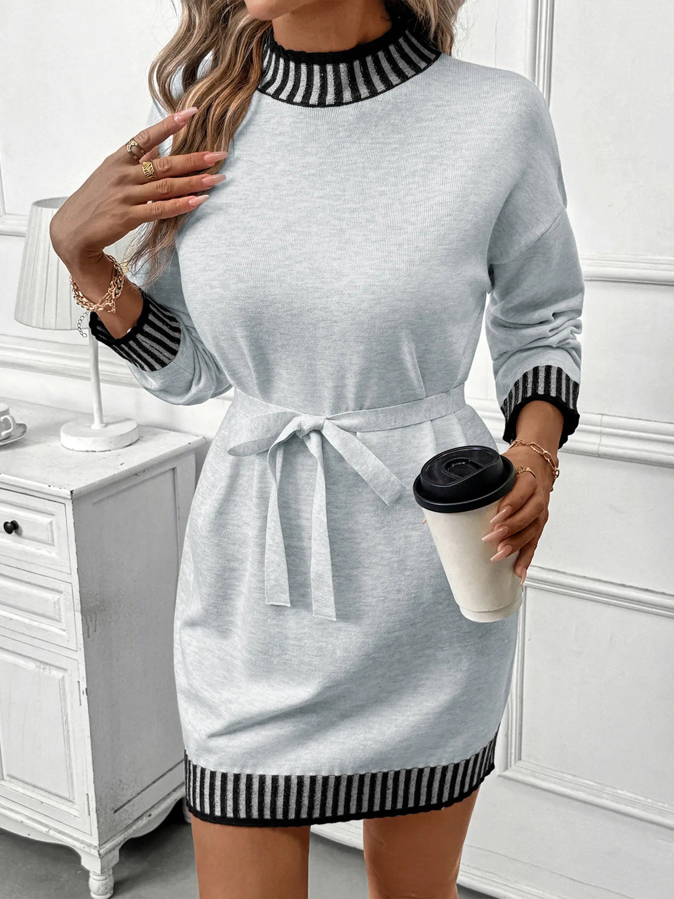 Striped Trim Tie Waist Sweater Dress designed for comfort and style at Lookzlike