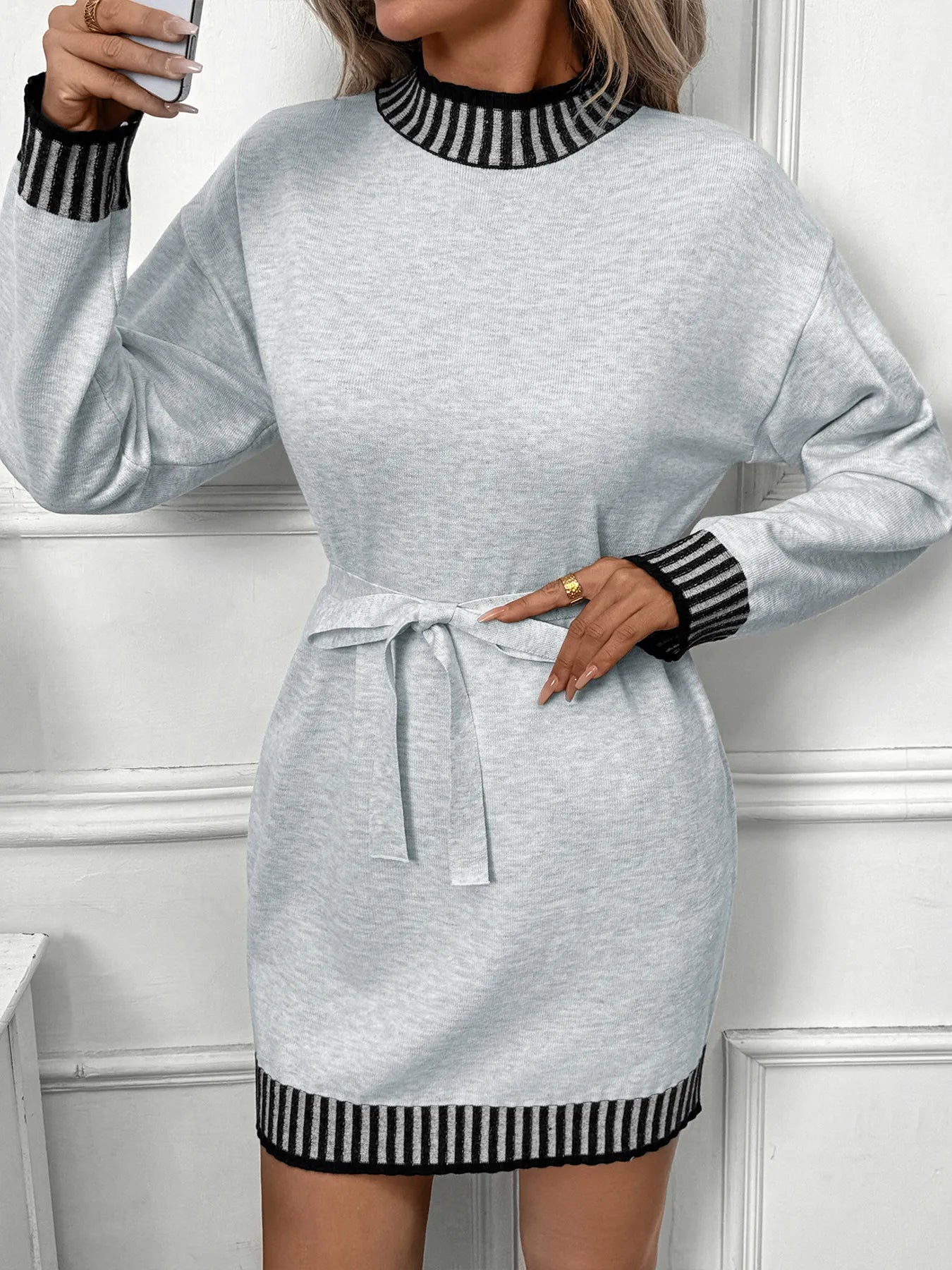 Striped Trim Tie Waist Sweater Dress designed for comfort and style at Lookzlike