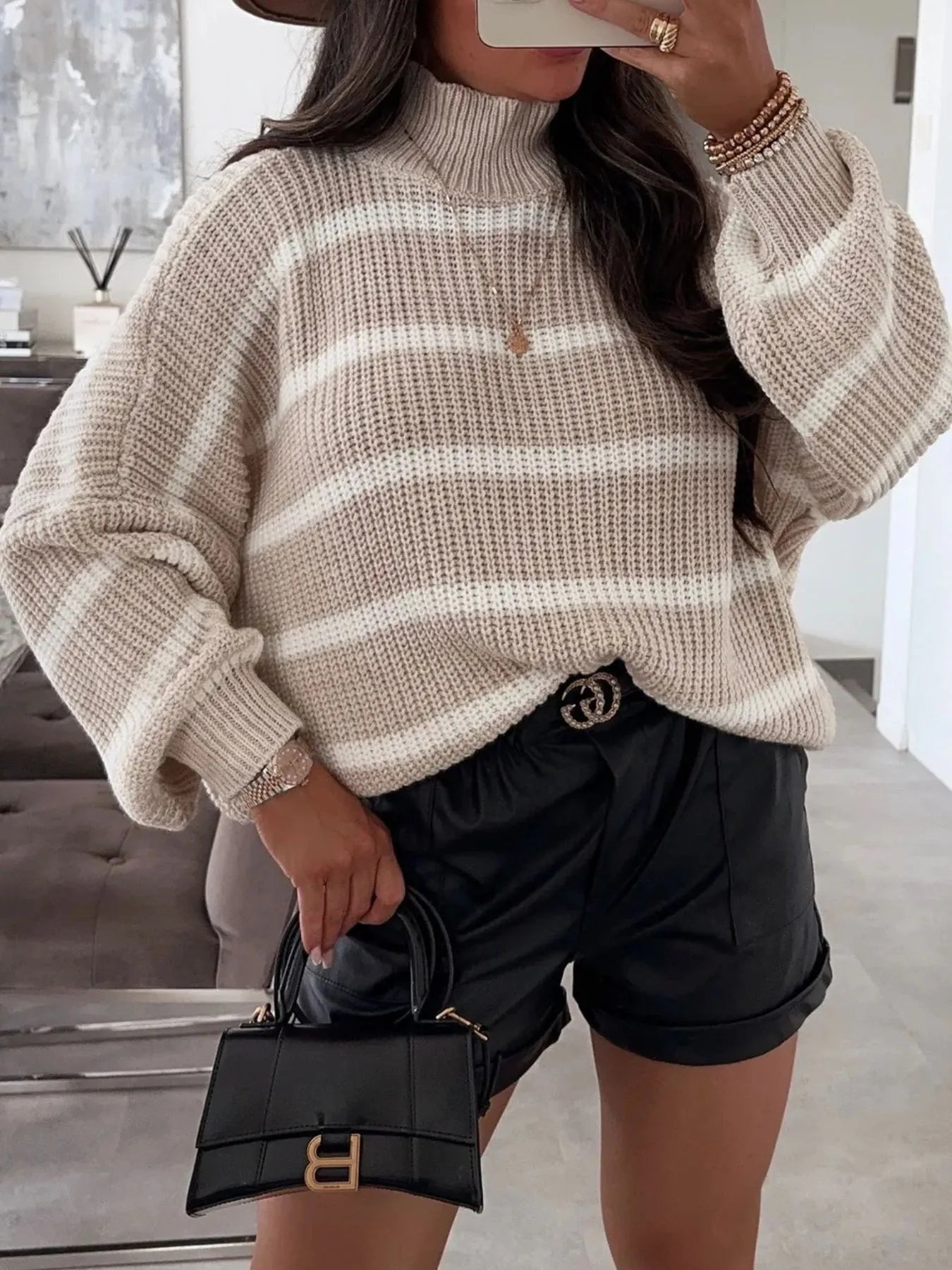 Striped Turtleneck Long Sleeve Sweater designed for comfort and style at Lookzlike