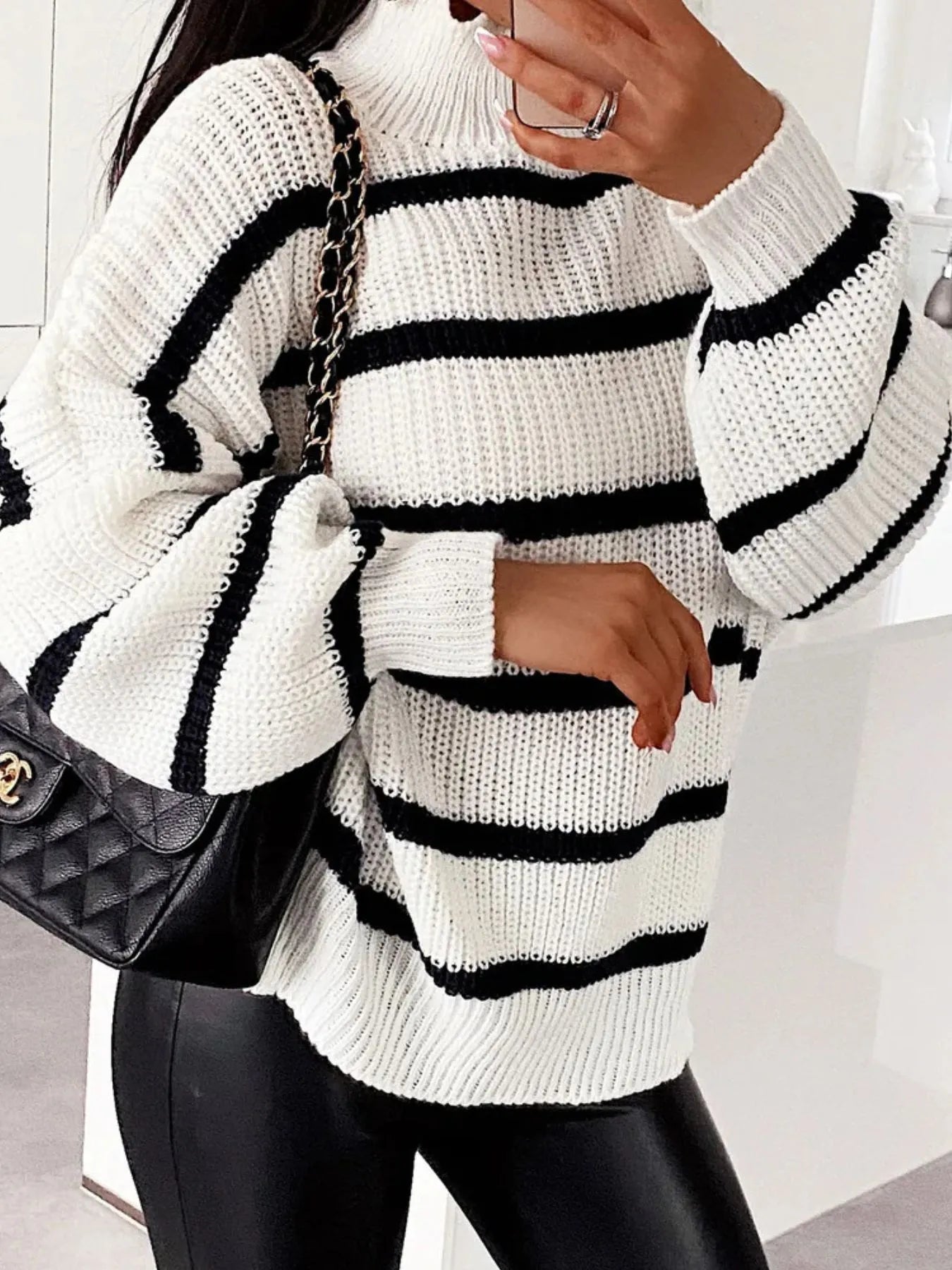 Striped Turtleneck Long Sleeve Sweater designed for comfort and style at Lookzlike