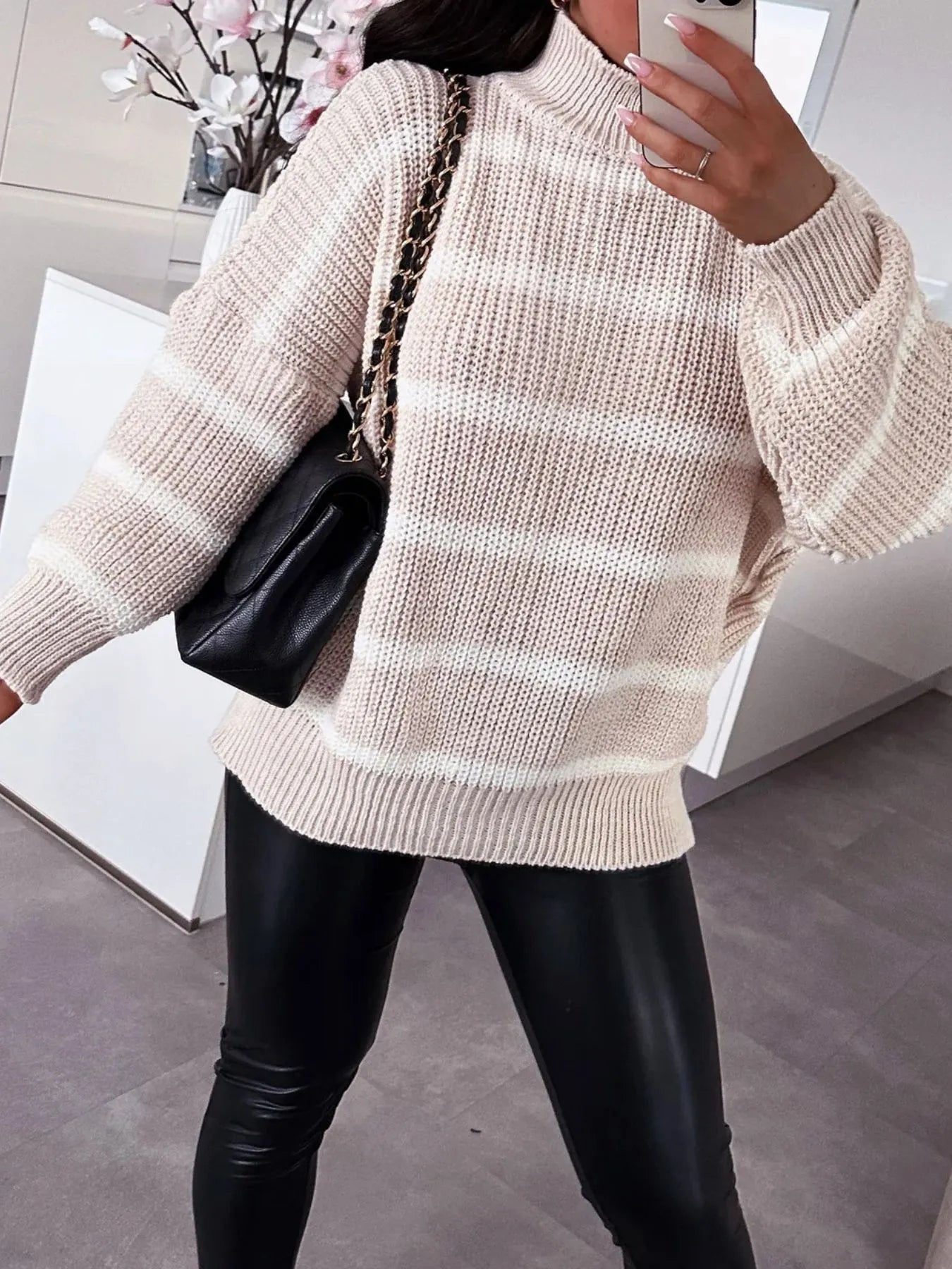 Striped Turtleneck Long Sleeve Sweater designed for comfort and style at Lookzlike
