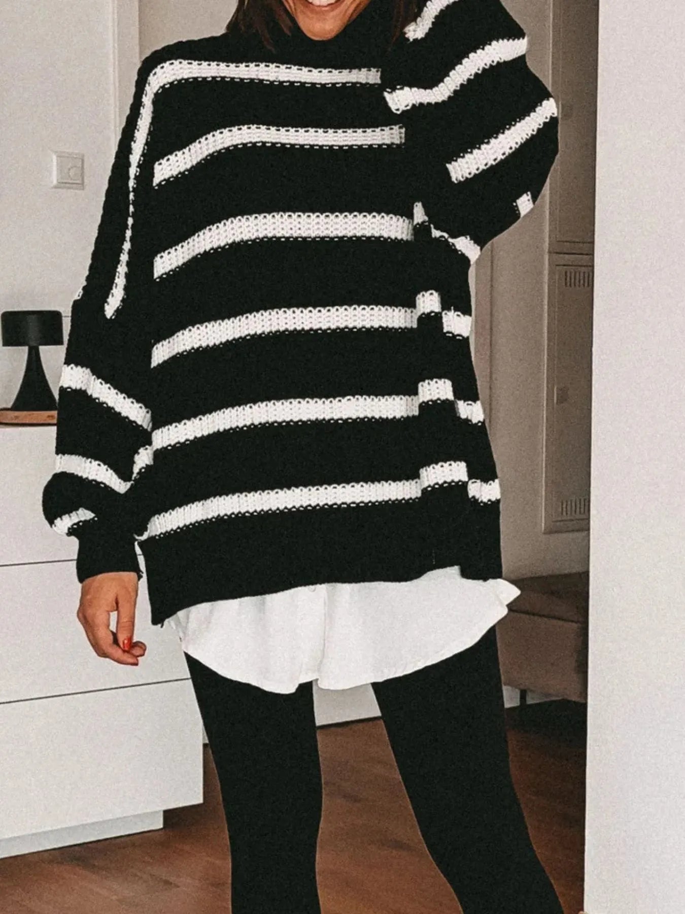 Striped Turtleneck Long Sleeve Sweater designed for comfort and style at Lookzlike